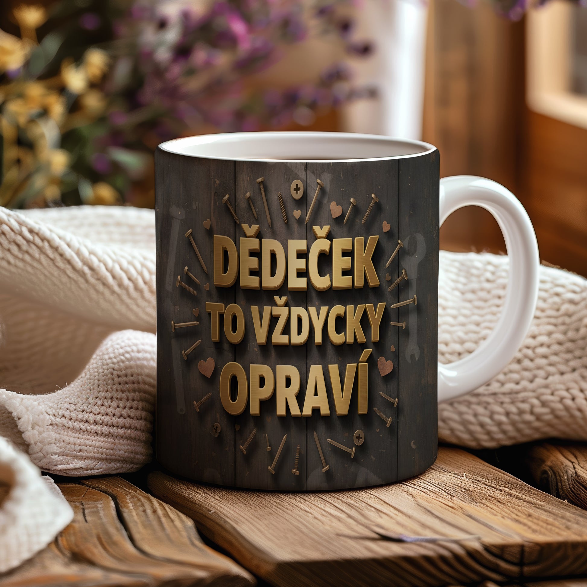 Hrnek s nápisem DĚDEČEK TO VŽDYCKY OPRAVÍ na dřevěném pozadí.