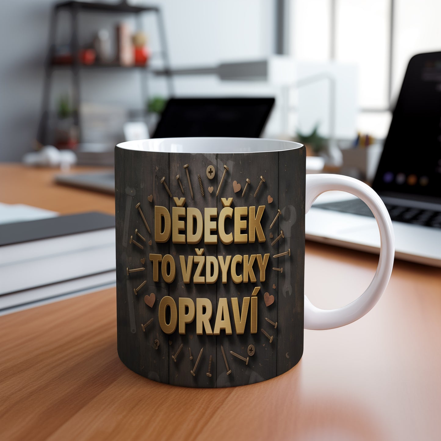 Hrnek s nápisem DĚDEČEK TO VŽDYCKY OPRAVÍ na dřevěném pozadí.