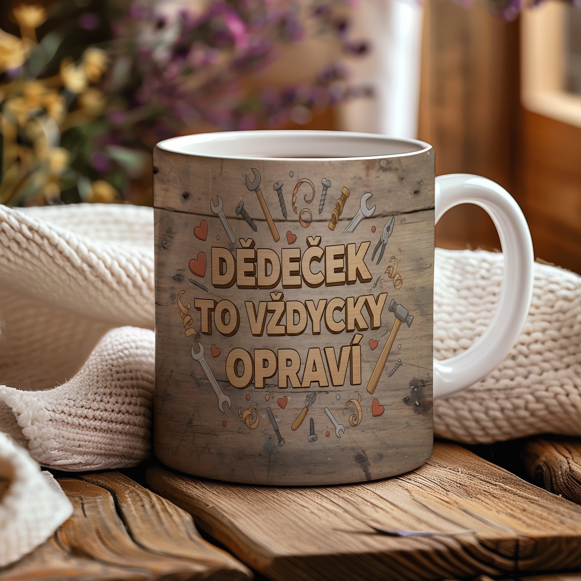 Rustikální hrnek s nápisem a motivem nářadí pro dědečka.