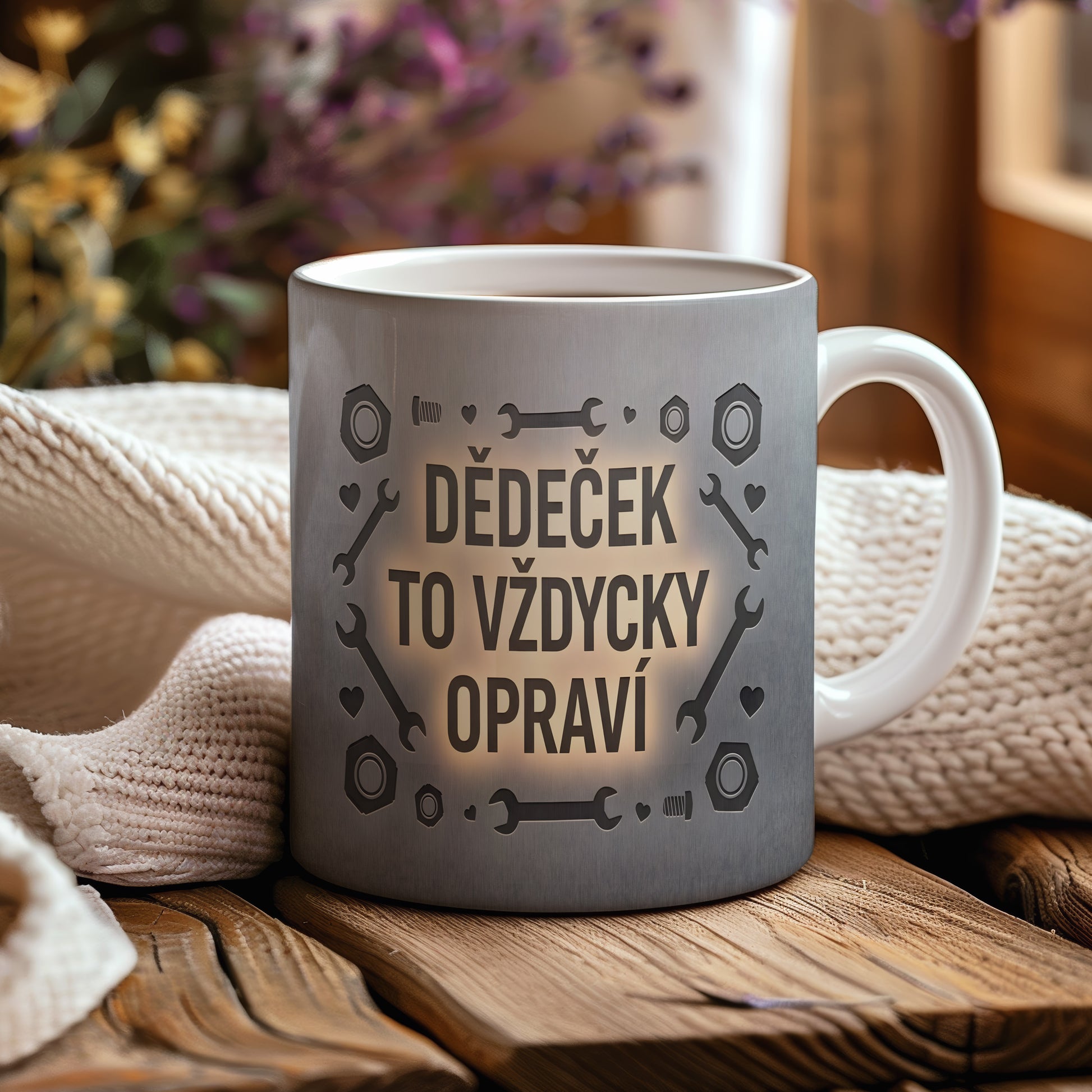 Šedý hrnek s nápisem 'DĚDEČEK TO VŽDYCKY OPRAVÍ' a motivem nářadí.