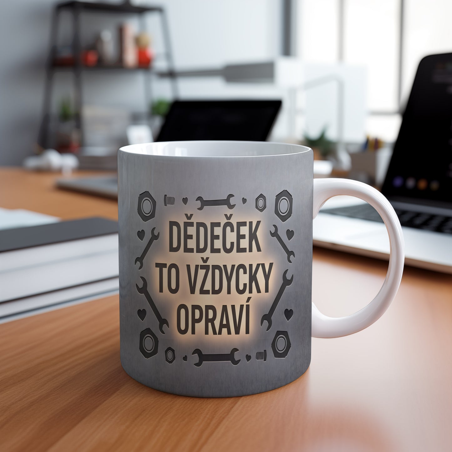 Šedý hrnek s nápisem 'DĚDEČEK TO VŽDYCKY OPRAVÍ' a motivem nářadí.