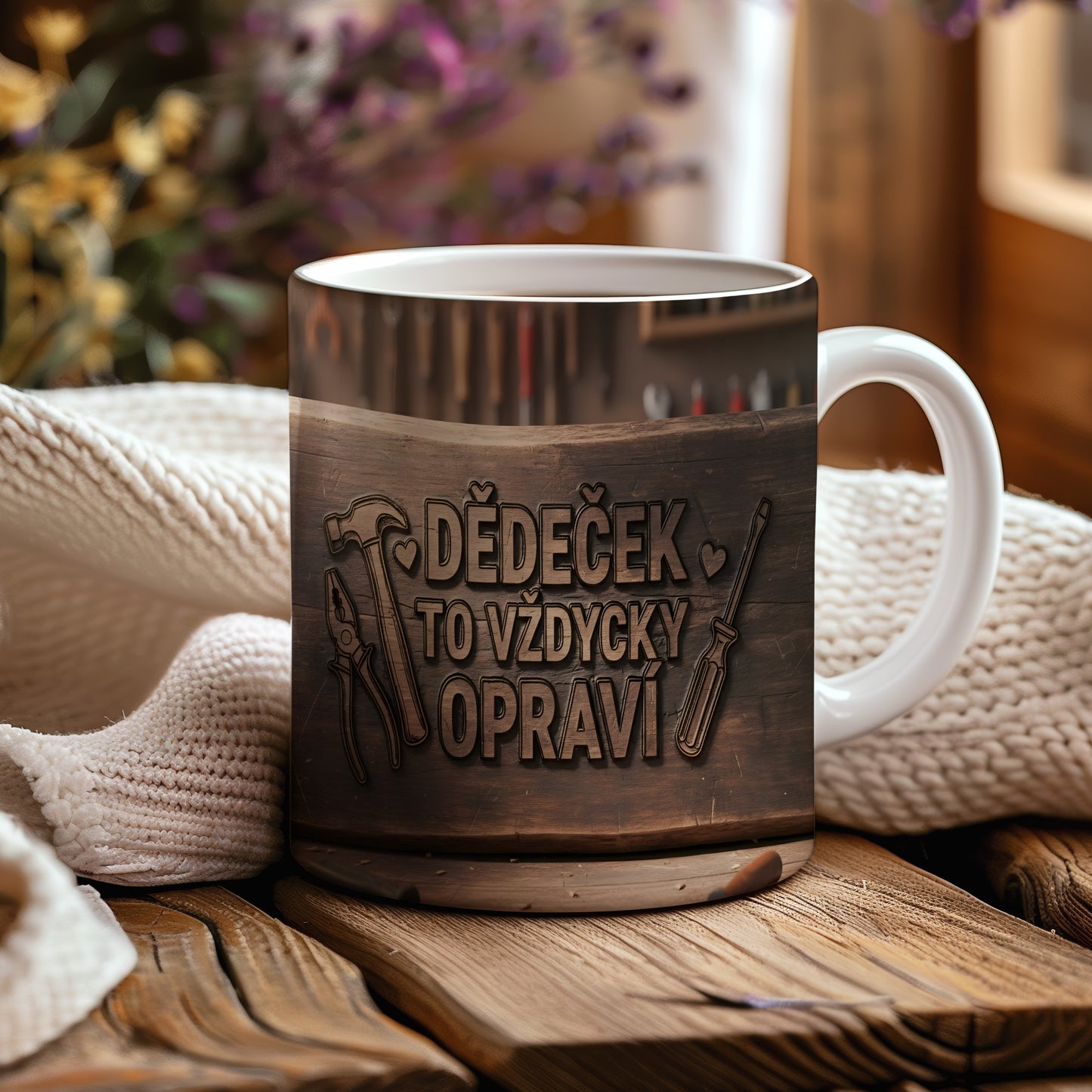 Hrnek s nápisem DĚDEČEK TO VŽDYCKY OPRAVÍ na dřevěném pozadí s nástroji.