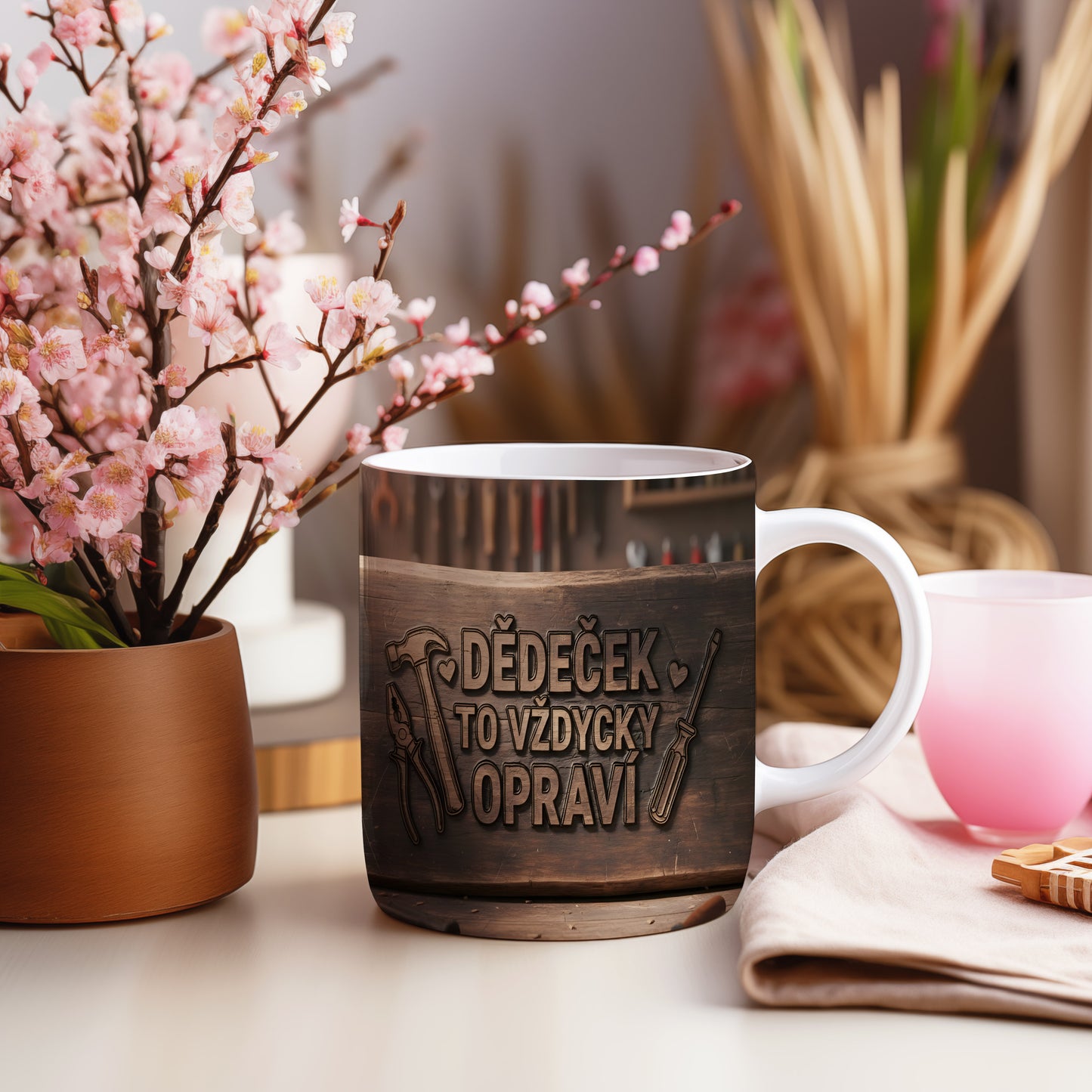 Hrnek s nápisem DĚDEČEK TO VŽDYCKY OPRAVÍ na dřevěném pozadí s nástroji.