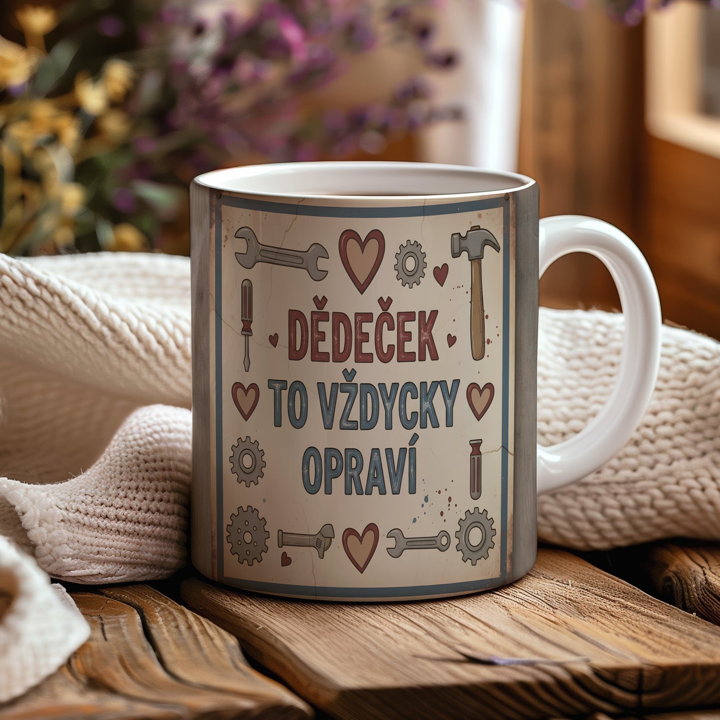 Hrnek s nápisem 'DĚDEČEK TO VŽDYCKY OPRAVÍ' a motivem nářadí.