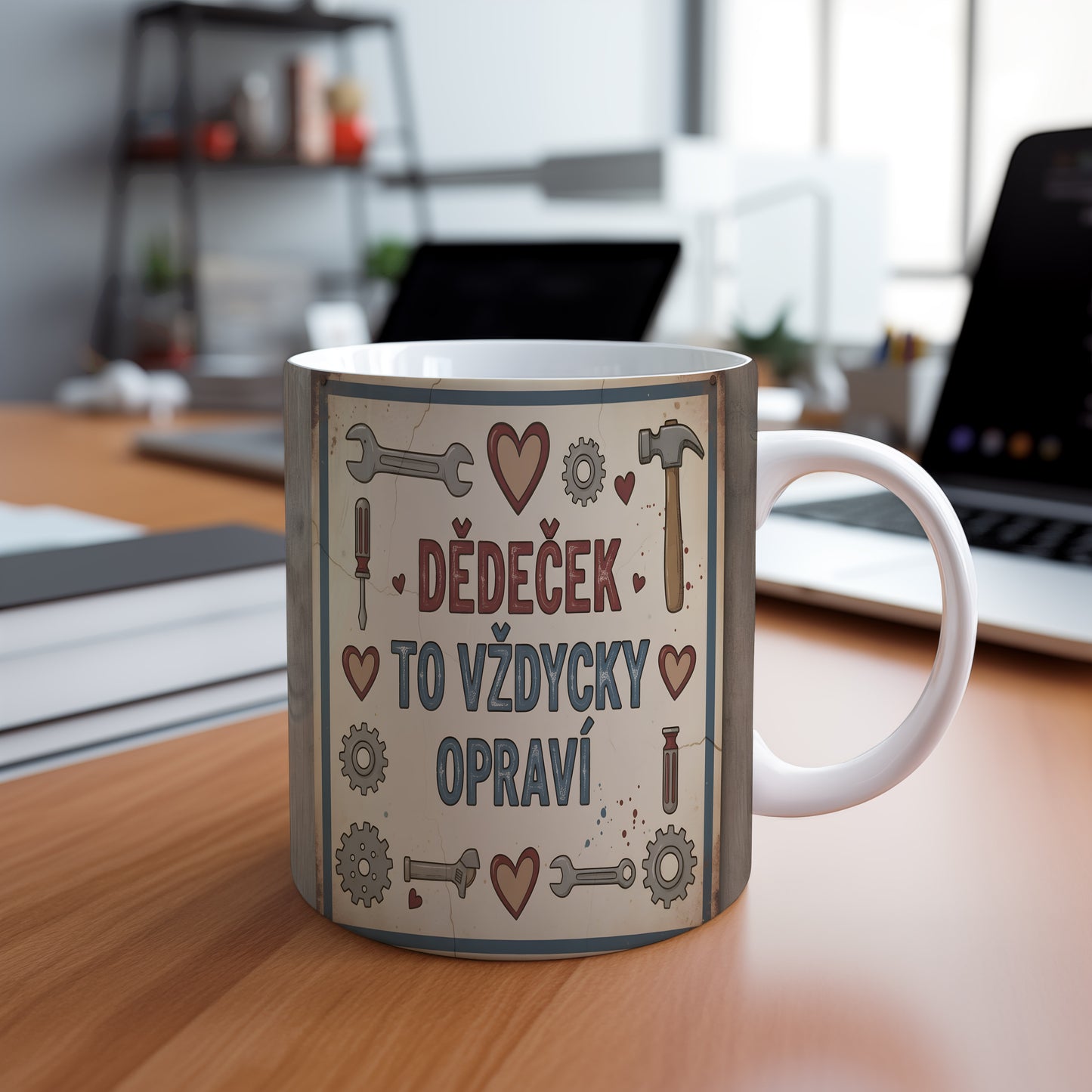 Hrnek s nápisem 'DĚDEČEK TO VŽDYCKY OPRAVÍ' a motivem nářadí.