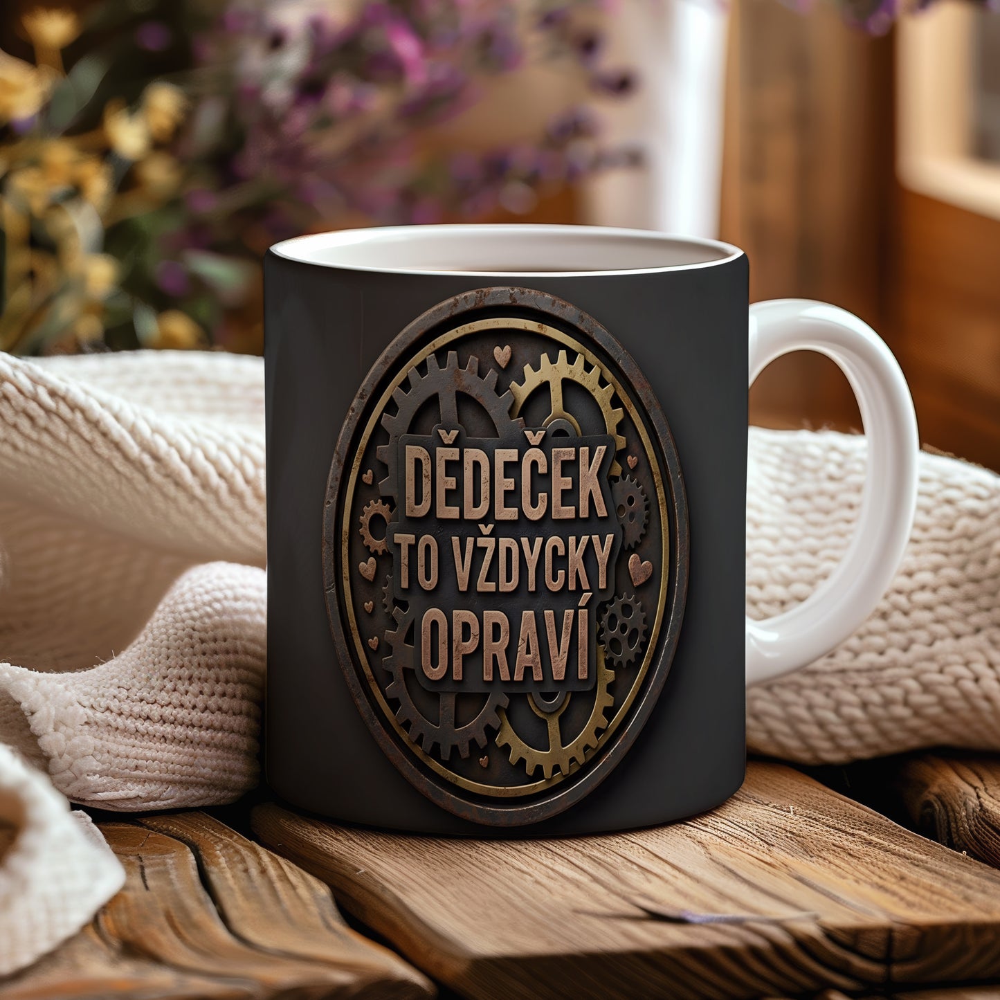 Hrnek s nápisem 'DĚDEČEK TO VŽDYCKY OPRAVÍ' a motivem ozubených kol.