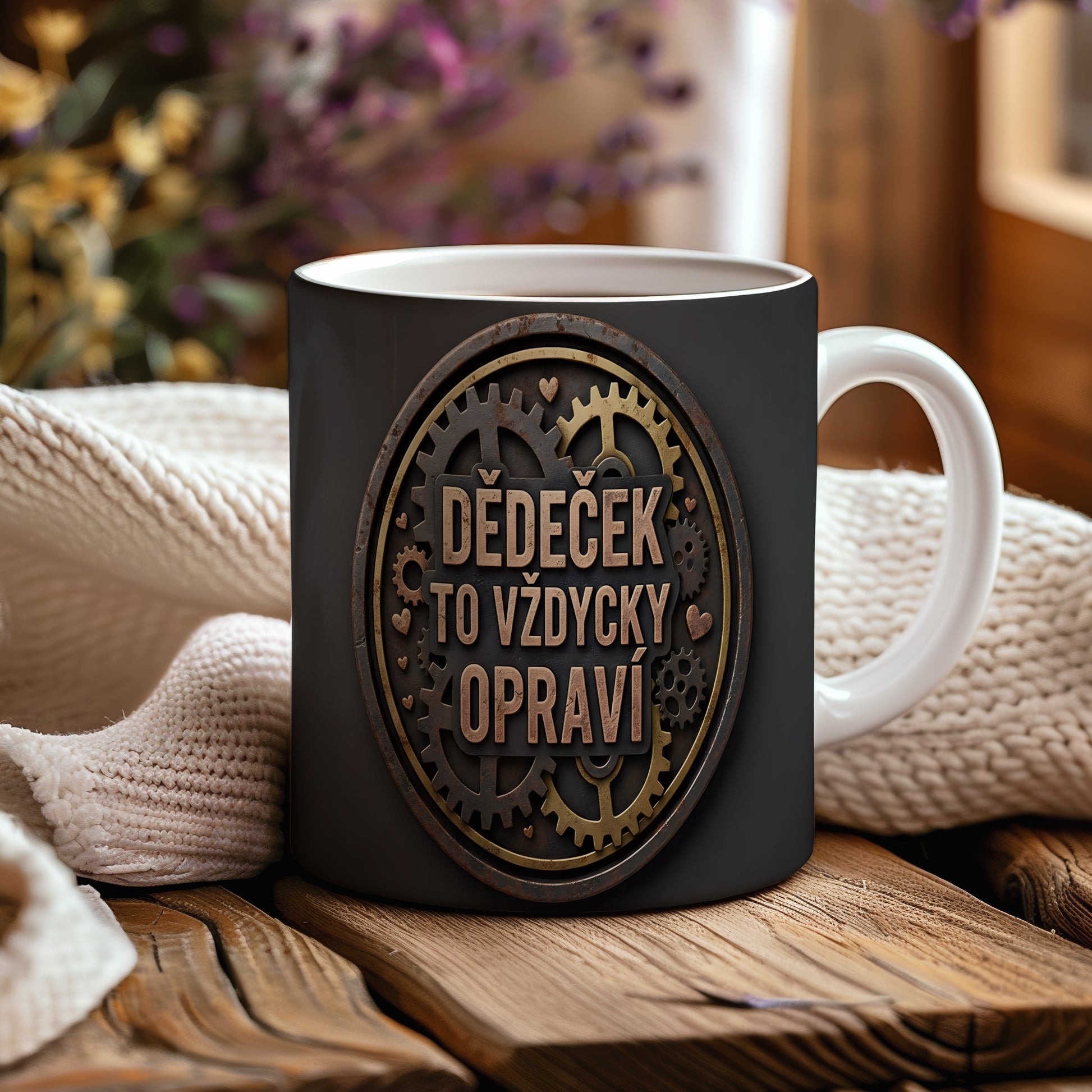 Hrnek s nápisem 'DĚDEČEK TO VŽDYCKY OPRAVÍ' a motivem ozubených kol.