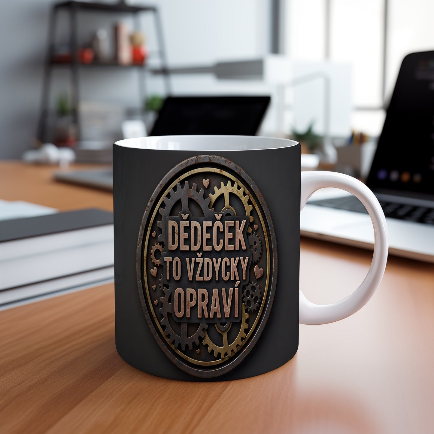 Hrnek s nápisem 'DĚDEČEK TO VŽDYCKY OPRAVÍ' a motivem ozubených kol.