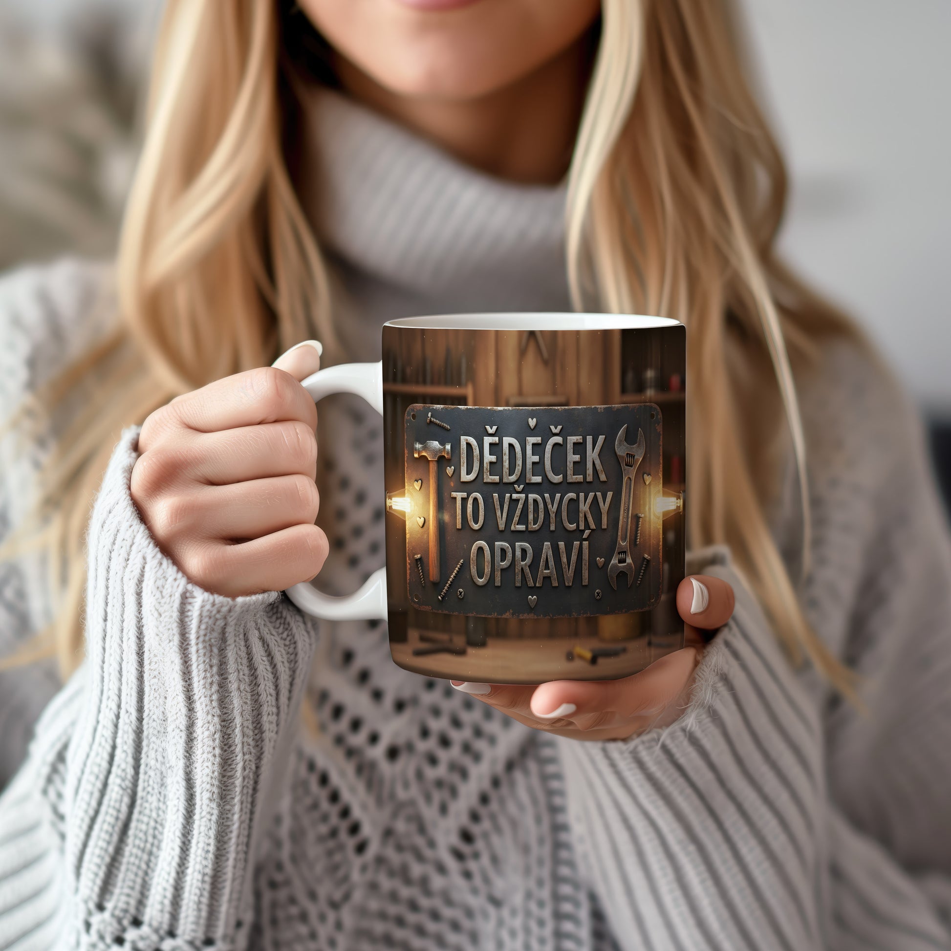 Rustikální hrnek s nápisem 'DĚDEČEK TO VŽDYCKY OPRAVÍ' a motivem nástrojů.