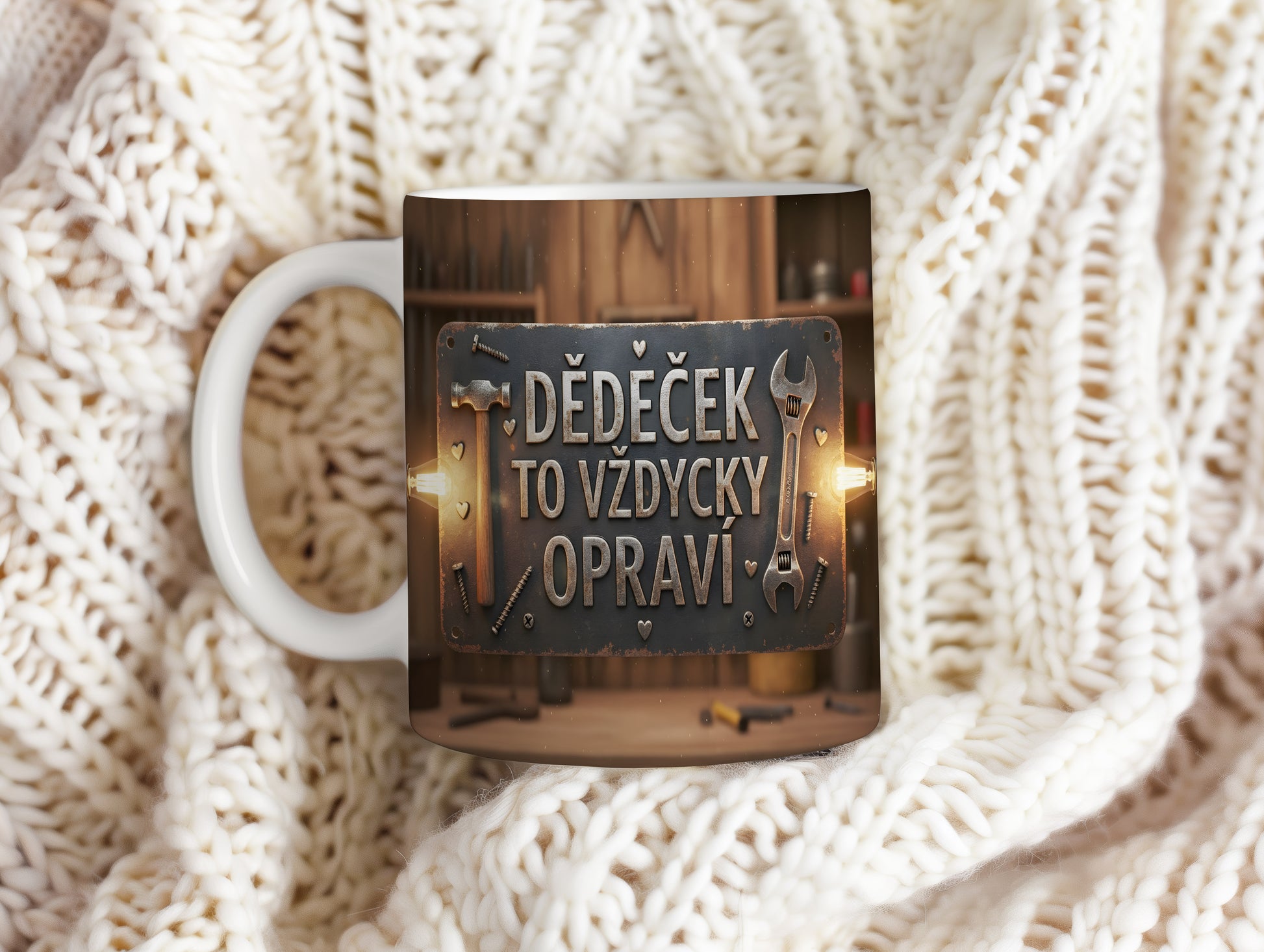 Rustikální hrnek s nápisem 'DĚDEČEK TO VŽDYCKY OPRAVÍ' a motivem nástrojů.