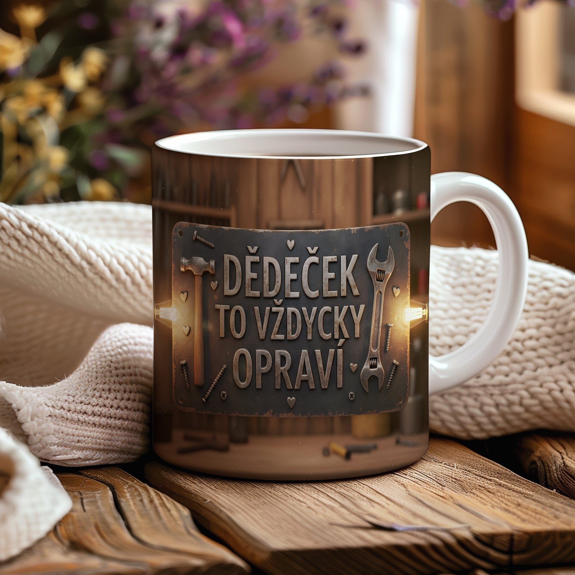 Rustikální hrnek s nápisem 'DĚDEČEK TO VŽDYCKY OPRAVÍ' a motivem nástrojů.