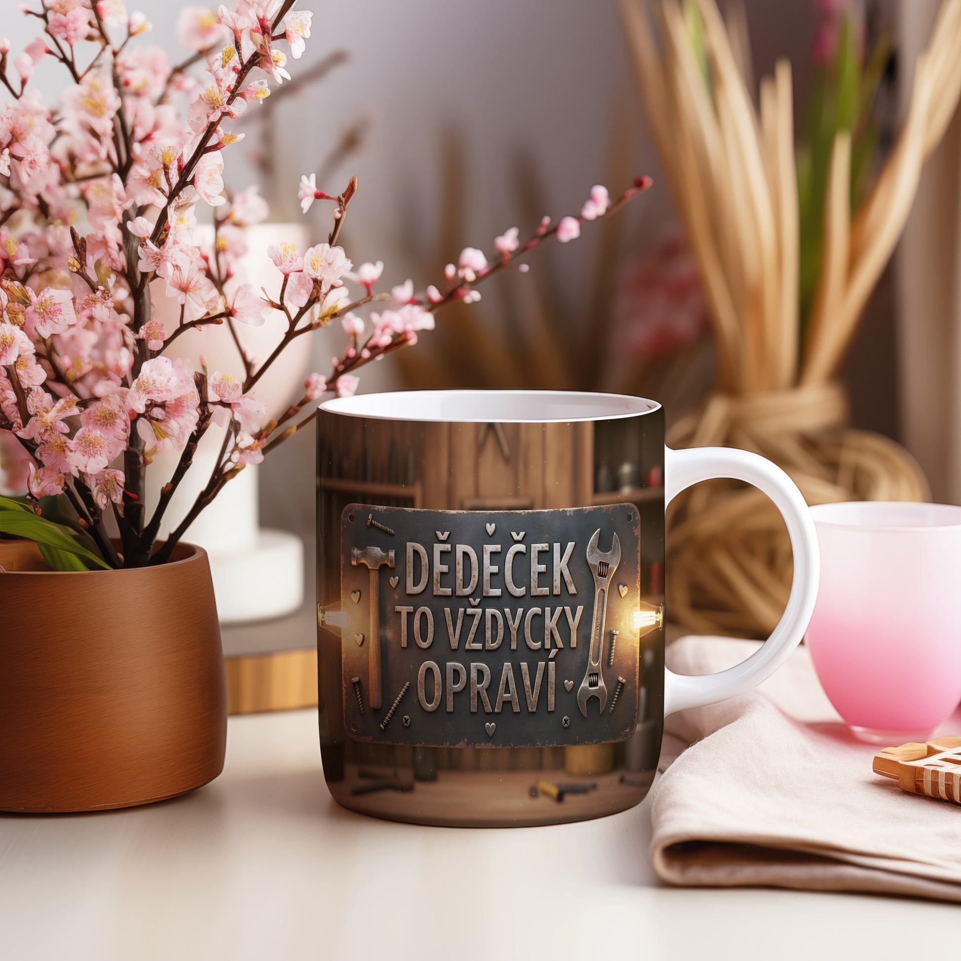 Rustikální hrnek s nápisem 'DĚDEČEK TO VŽDYCKY OPRAVÍ' a motivem nástrojů.