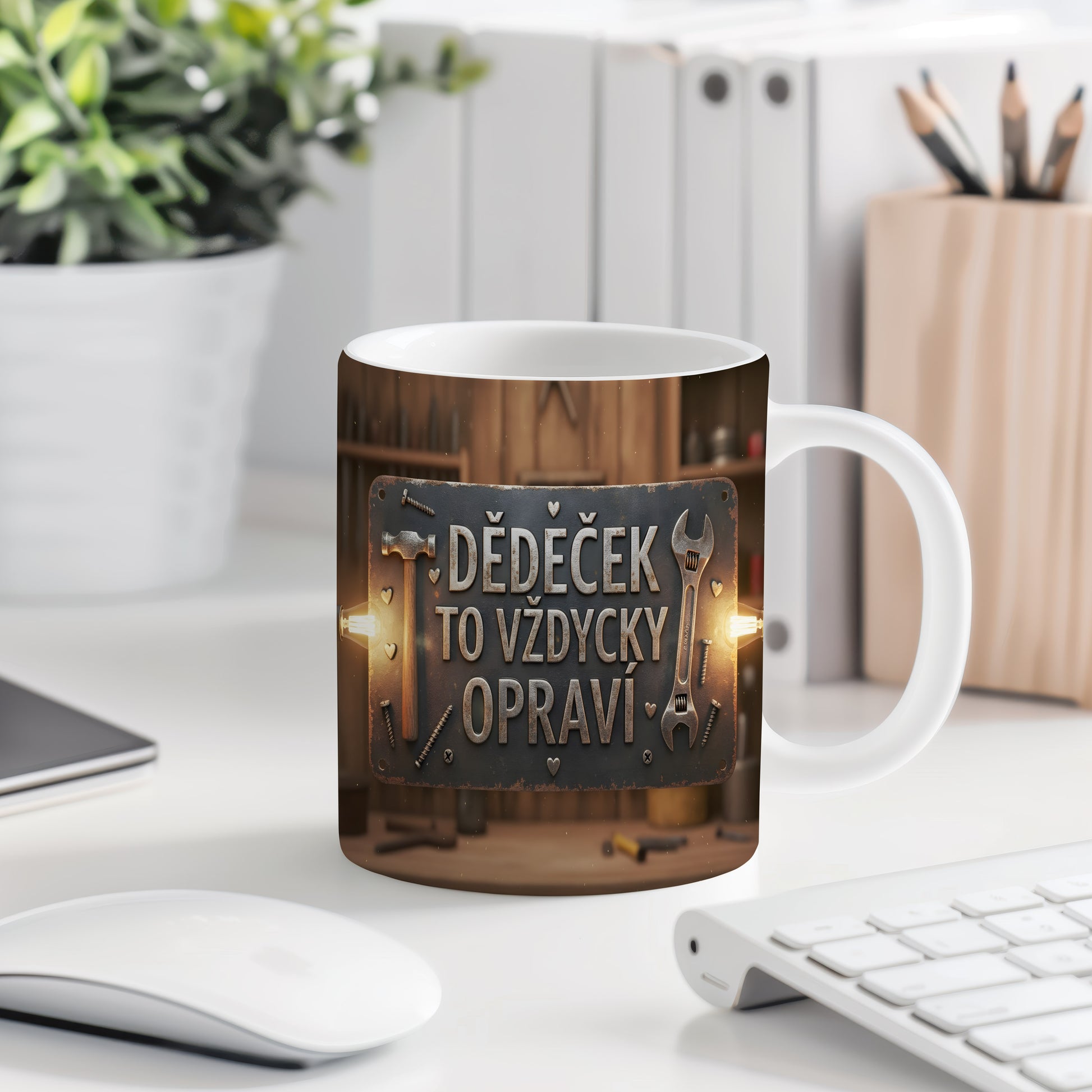 Rustikální hrnek s nápisem 'DĚDEČEK TO VŽDYCKY OPRAVÍ' a motivem nástrojů.
