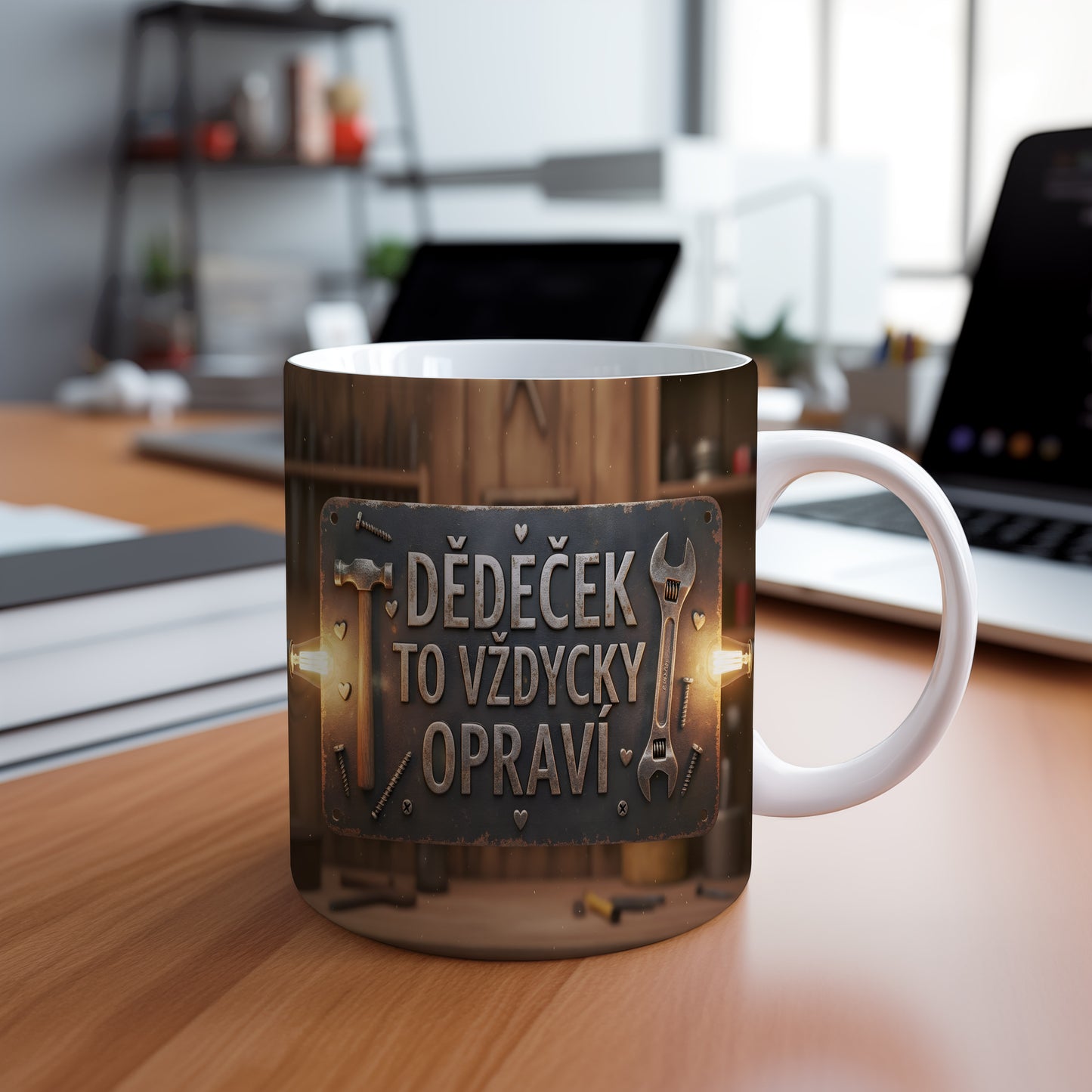 Rustikální hrnek s nápisem 'DĚDEČEK TO VŽDYCKY OPRAVÍ' a motivem nástrojů.