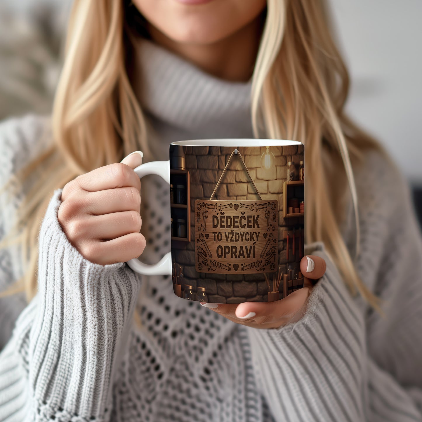 Hrnek s nápisem 'DĚDEČEK TO VŽDYCKY OPRAVÍ' na pozadí cihlové zdi.