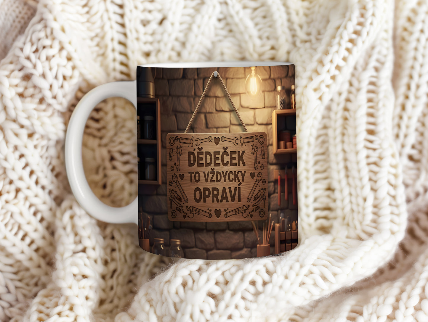 Hrnek s nápisem 'DĚDEČEK TO VŽDYCKY OPRAVÍ' na pozadí cihlové zdi.