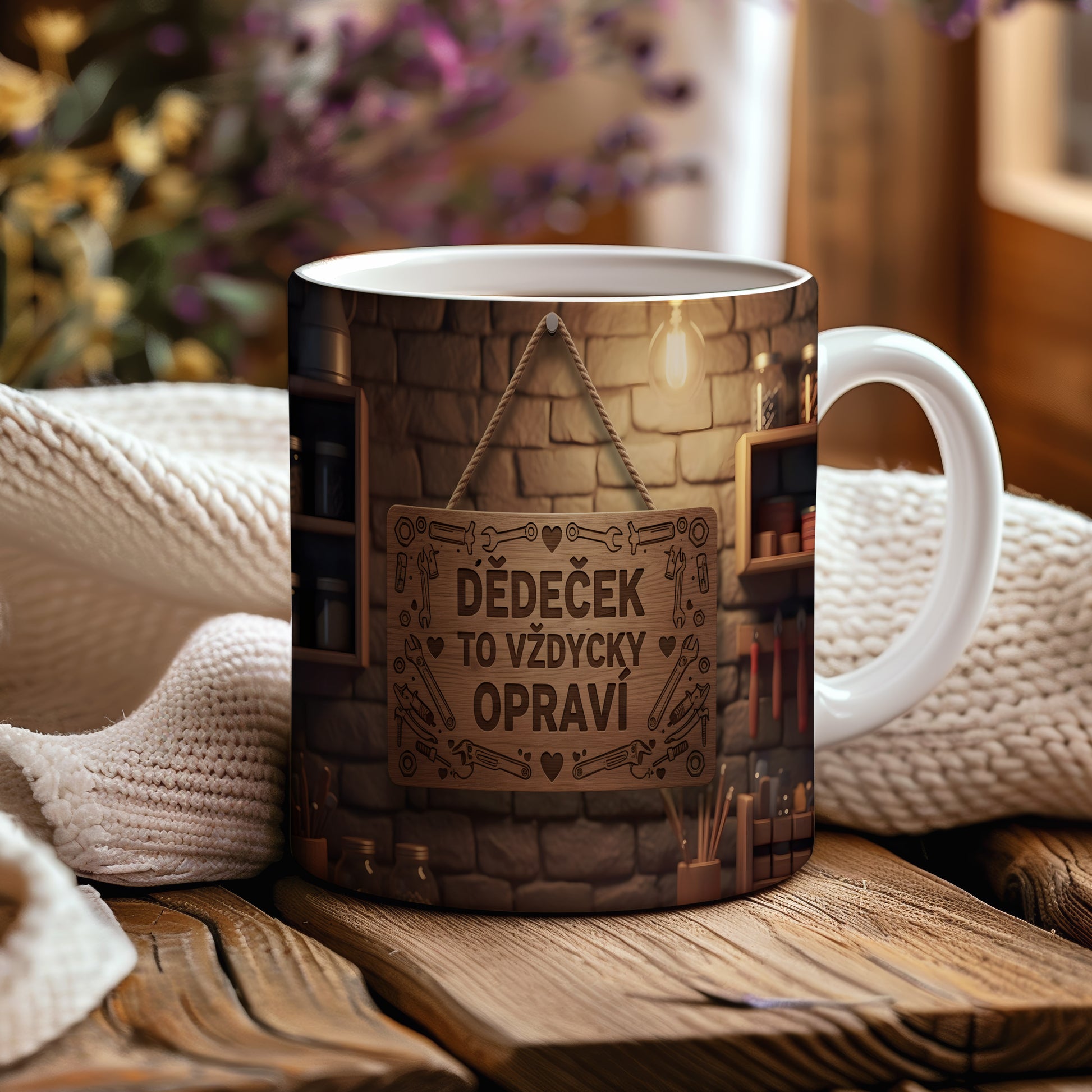 Hrnek s nápisem 'DĚDEČEK TO VŽDYCKY OPRAVÍ' na pozadí cihlové zdi.