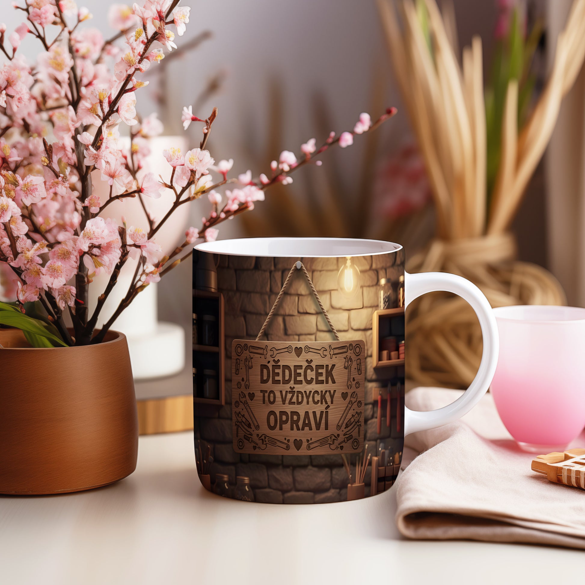 Hrnek s nápisem 'DĚDEČEK TO VŽDYCKY OPRAVÍ' na pozadí cihlové zdi.