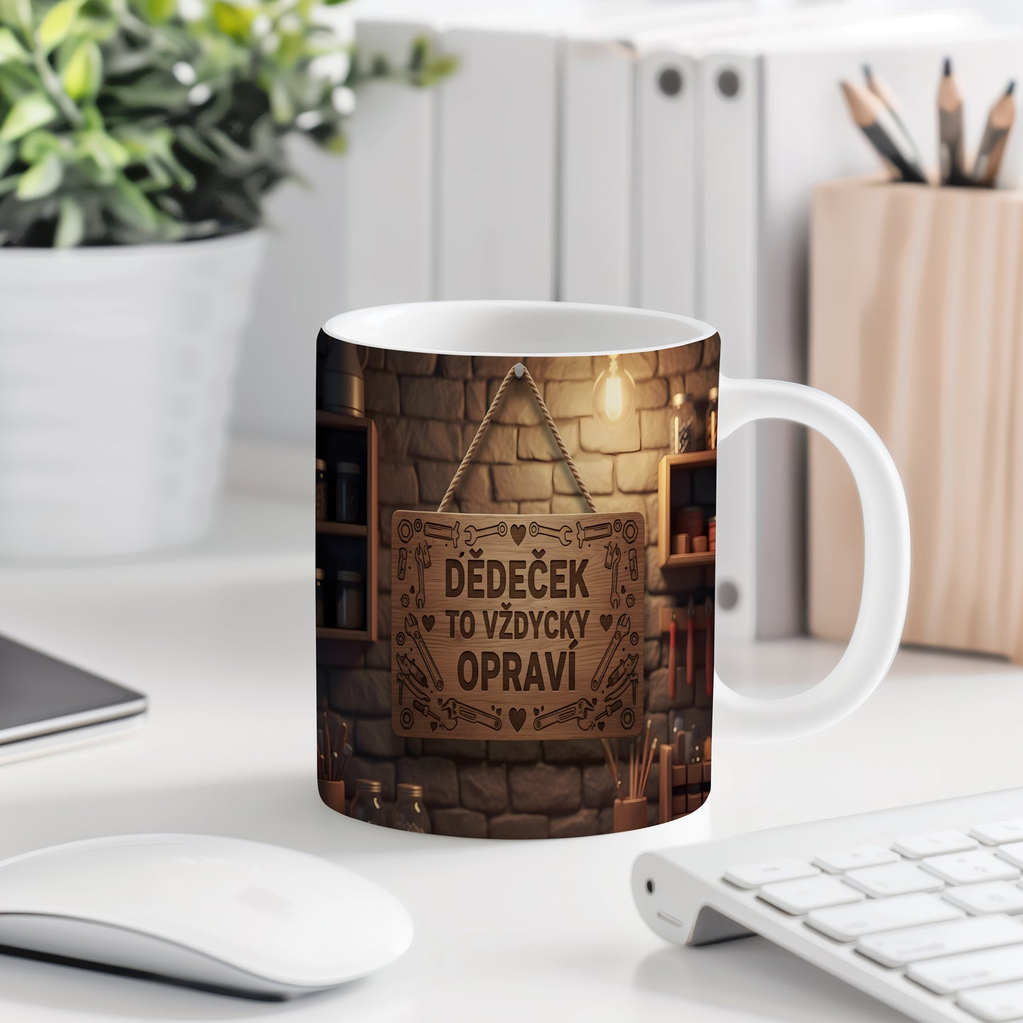 Hrnek s nápisem 'DĚDEČEK TO VŽDYCKY OPRAVÍ' na pozadí cihlové zdi.