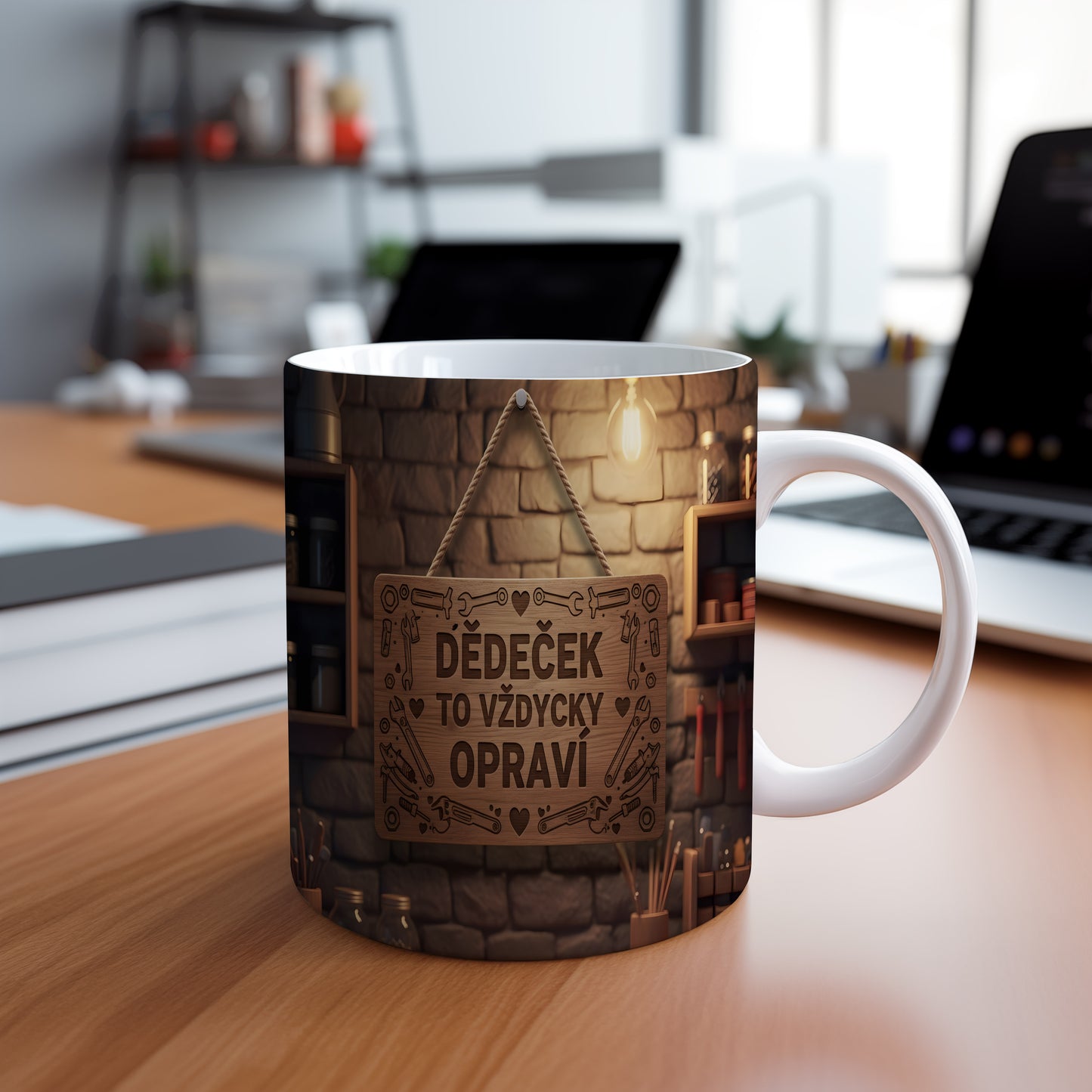 Hrnek s nápisem 'DĚDEČEK TO VŽDYCKY OPRAVÍ' na pozadí cihlové zdi.