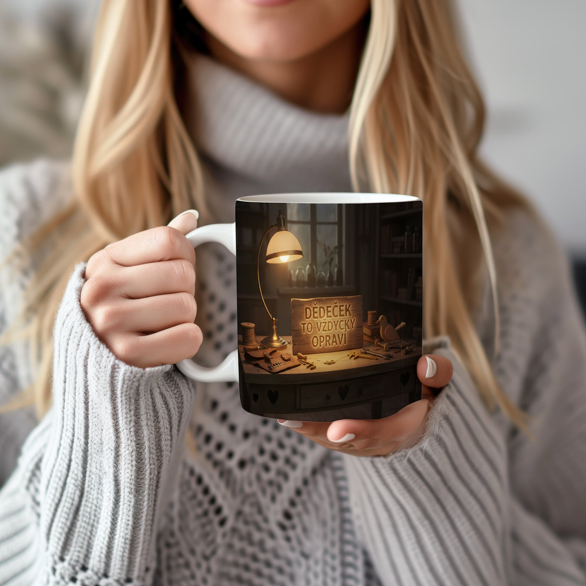 Hrnek s nápisem DĚDEČEK TO VŽDYCKY OPRAVÍ na dřevěném pozadí s nástroji.
