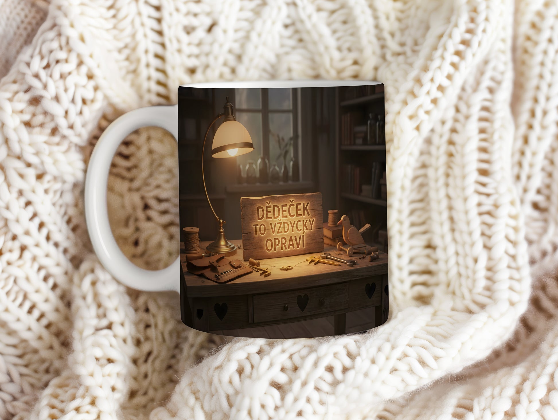 Hrnek s nápisem DĚDEČEK TO VŽDYCKY OPRAVÍ na dřevěném pozadí s nástroji.