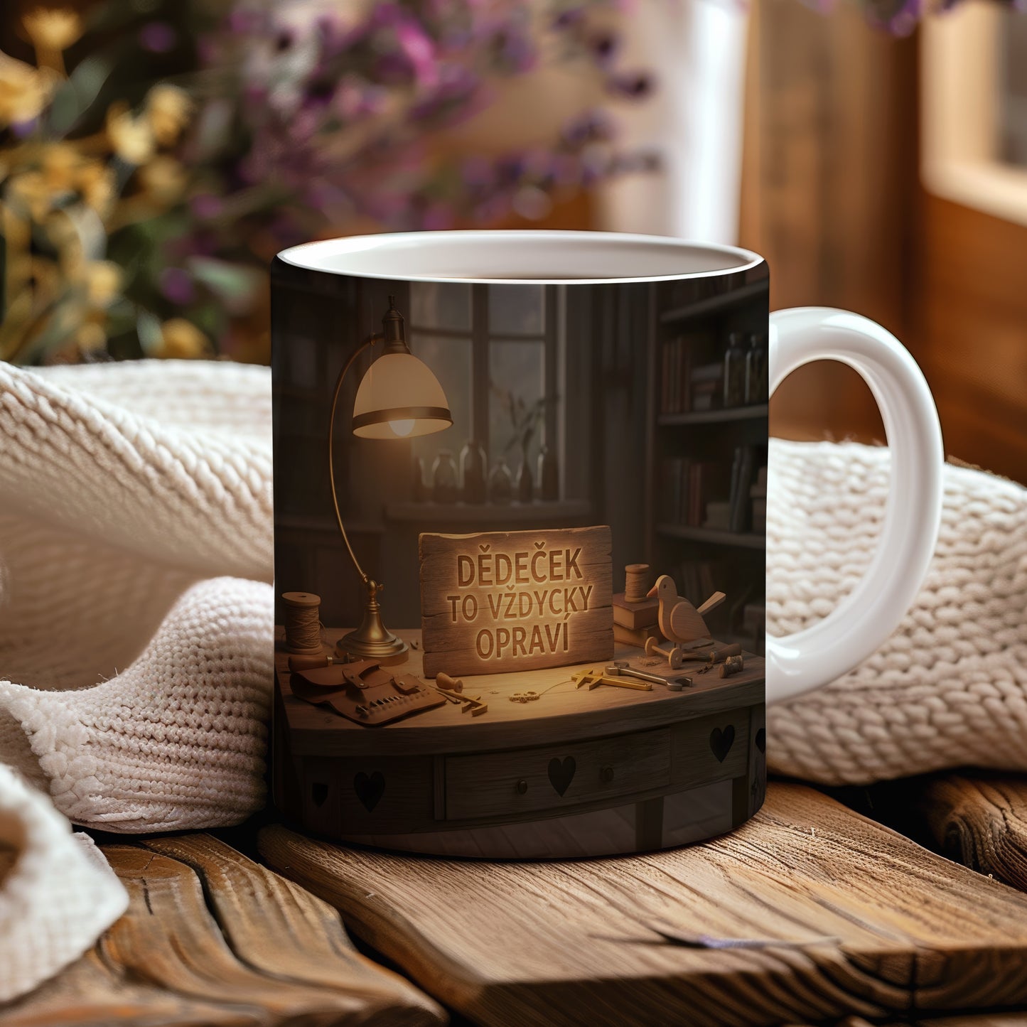 Hrnek s nápisem DĚDEČEK TO VŽDYCKY OPRAVÍ na dřevěném pozadí s nástroji.