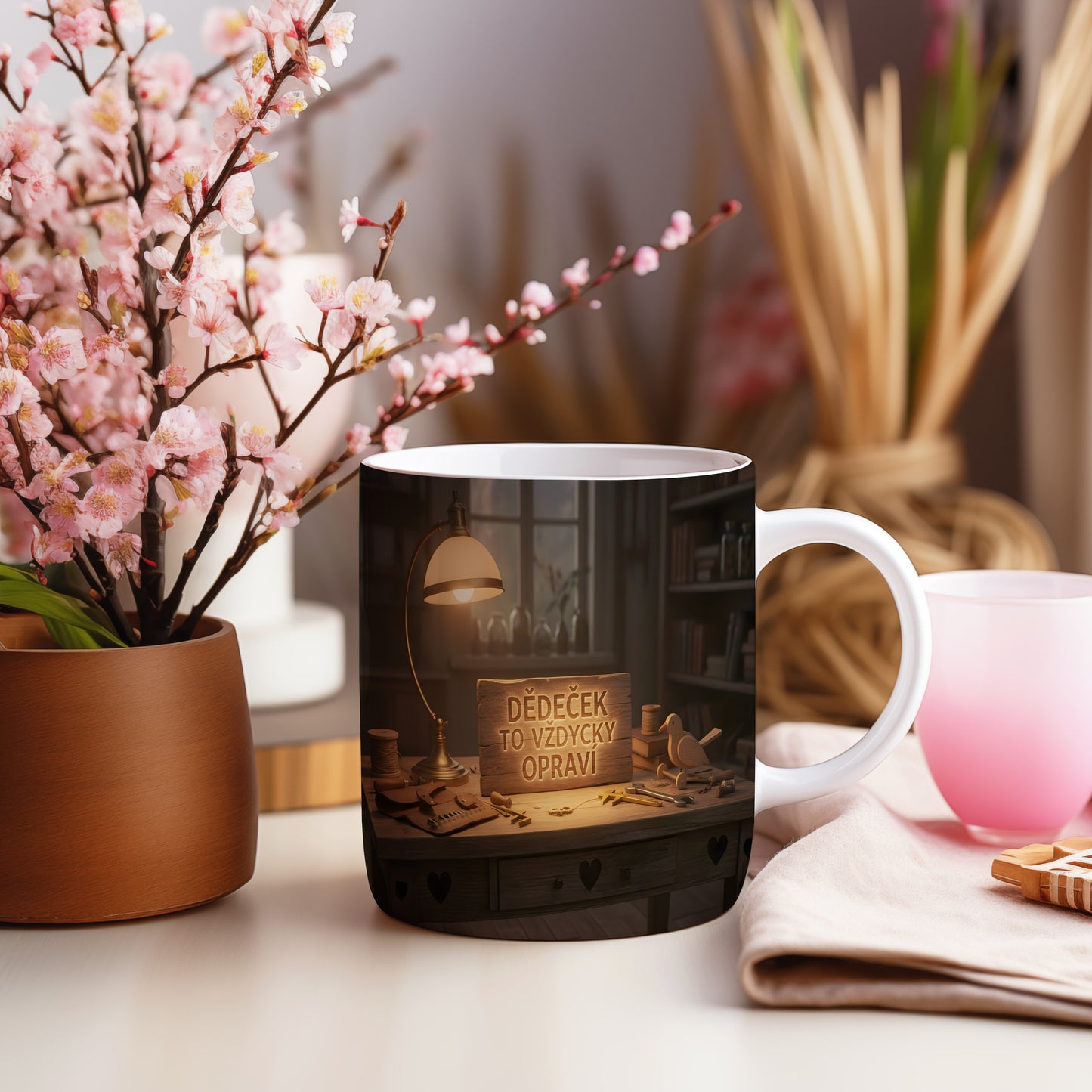 Hrnek s nápisem DĚDEČEK TO VŽDYCKY OPRAVÍ na dřevěném pozadí s nástroji.