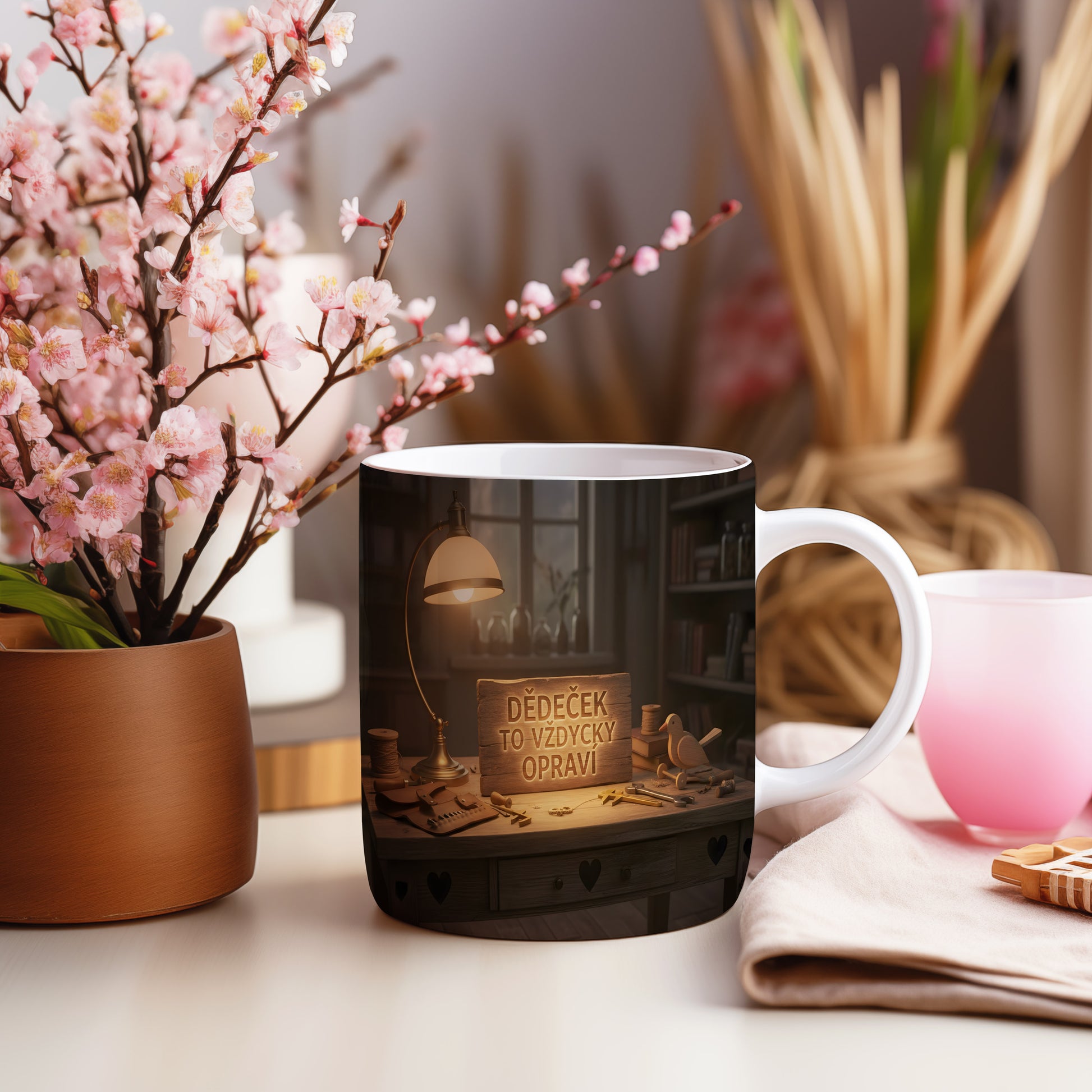Hrnek s nápisem DĚDEČEK TO VŽDYCKY OPRAVÍ na dřevěném pozadí s nástroji.