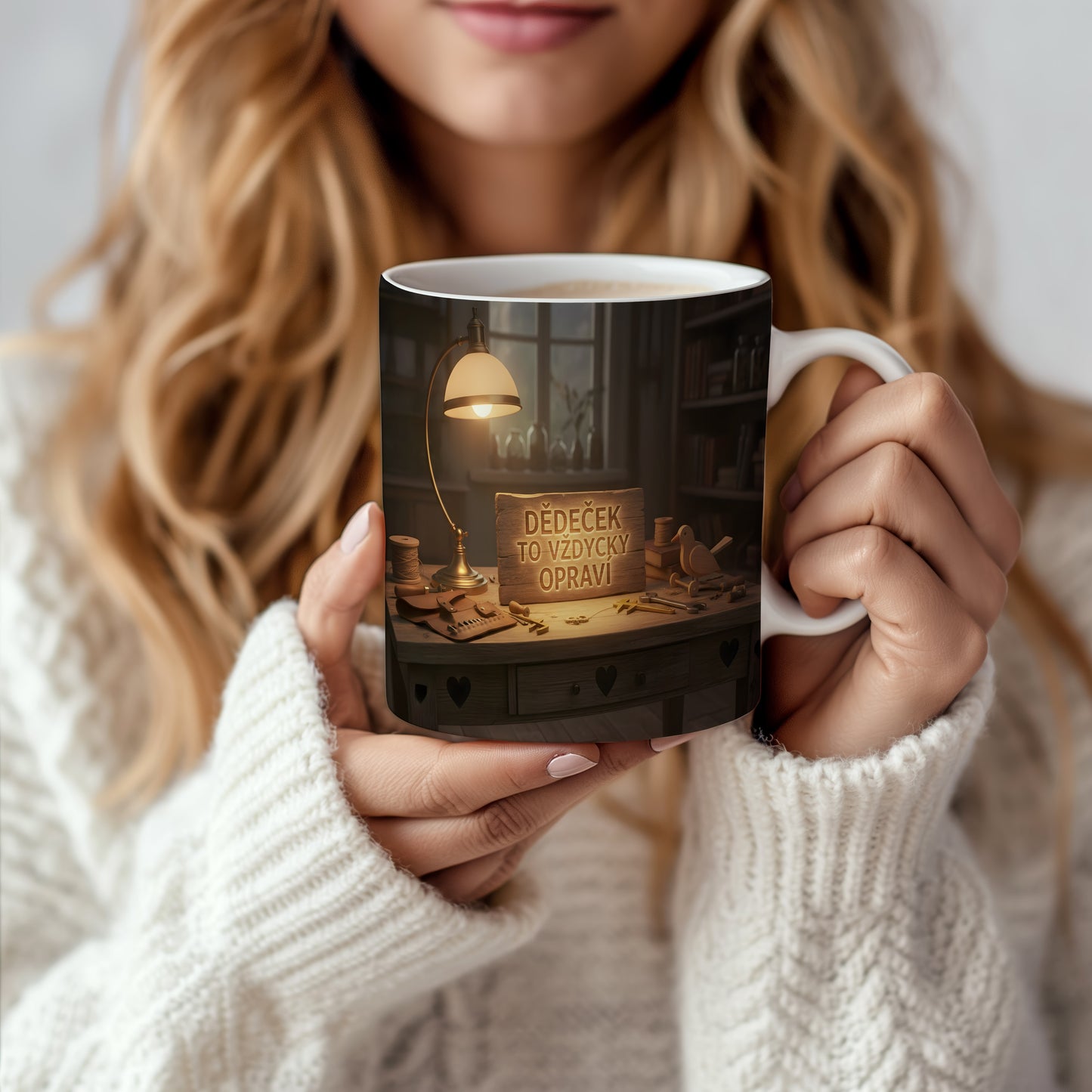 Hrnek s nápisem DĚDEČEK TO VŽDYCKY OPRAVÍ na dřevěném pozadí s nástroji.