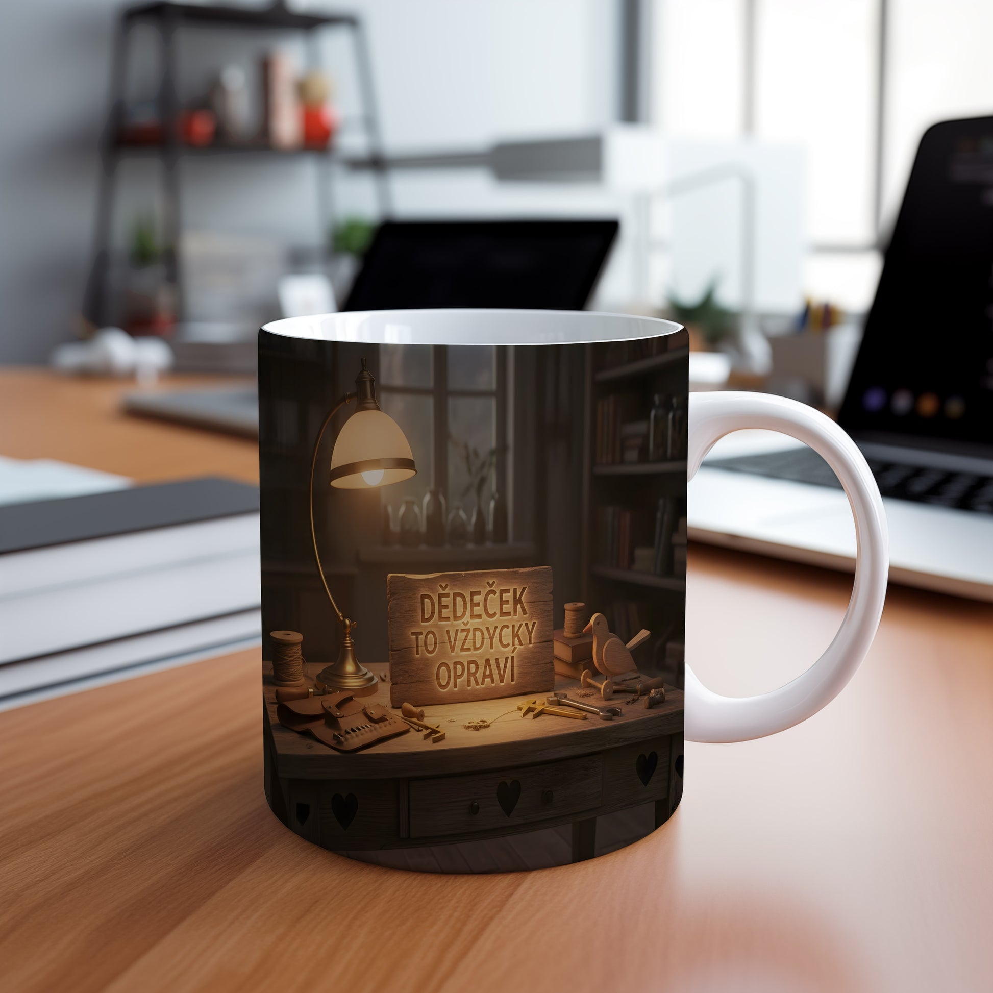 Hrnek s nápisem DĚDEČEK TO VŽDYCKY OPRAVÍ na dřevěném pozadí s nástroji.