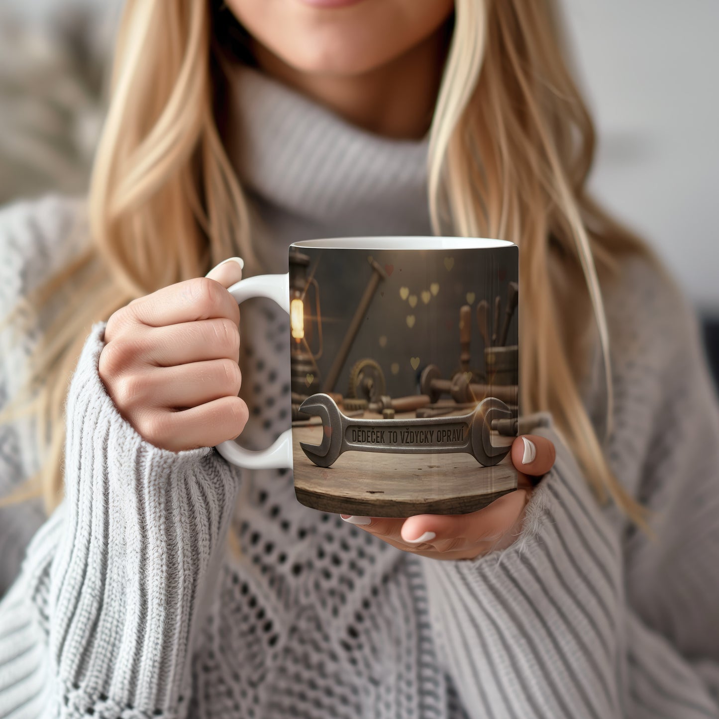 Hrnek s nápisem 'Dědeček to vždycky opraví' a rustikálním designem.
