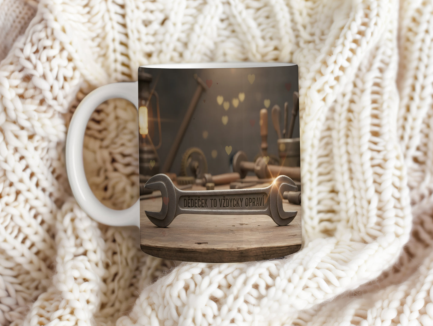 Hrnek s nápisem 'Dědeček to vždycky opraví' a rustikálním designem.