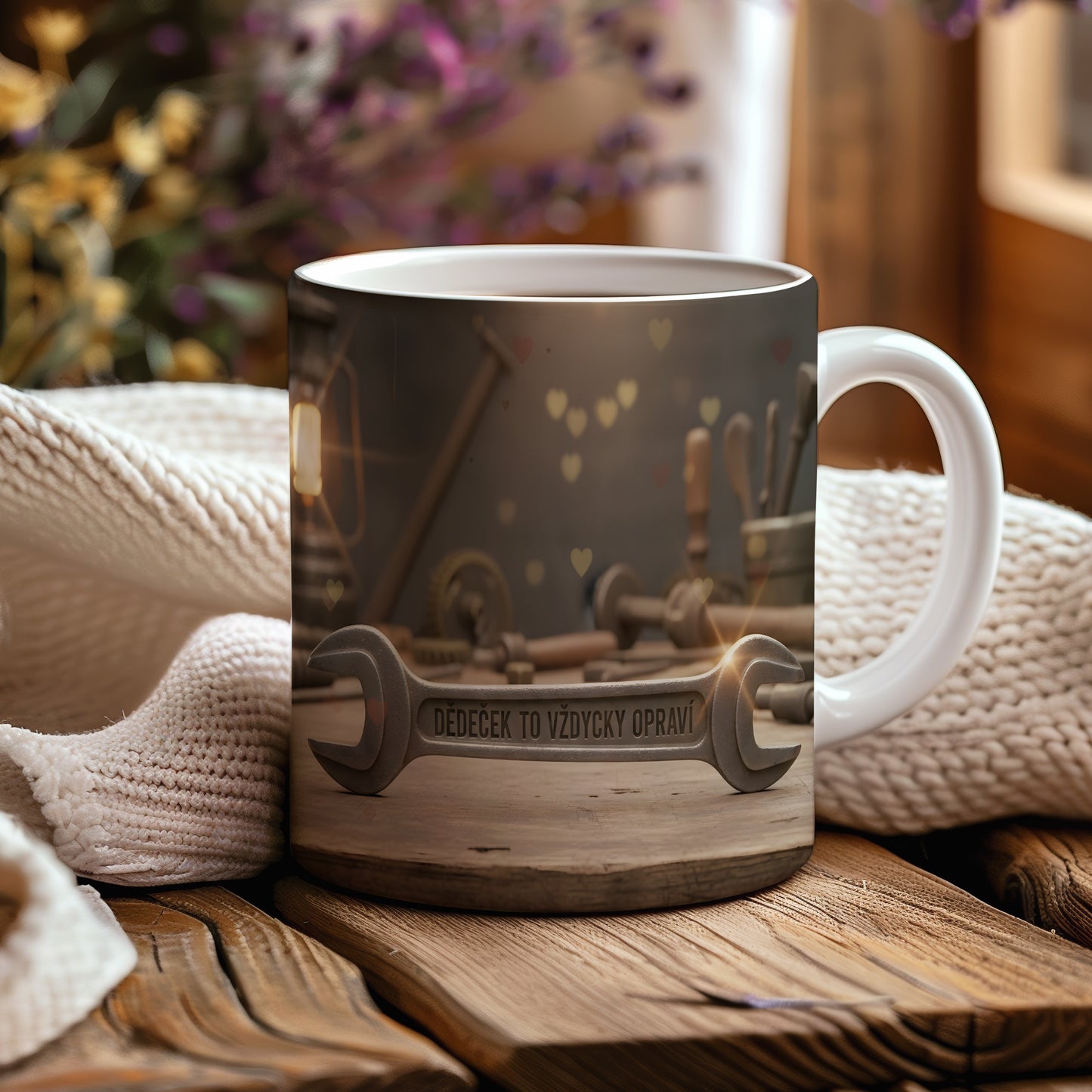 Hrnek s nápisem 'Dědeček to vždycky opraví' a rustikálním designem.