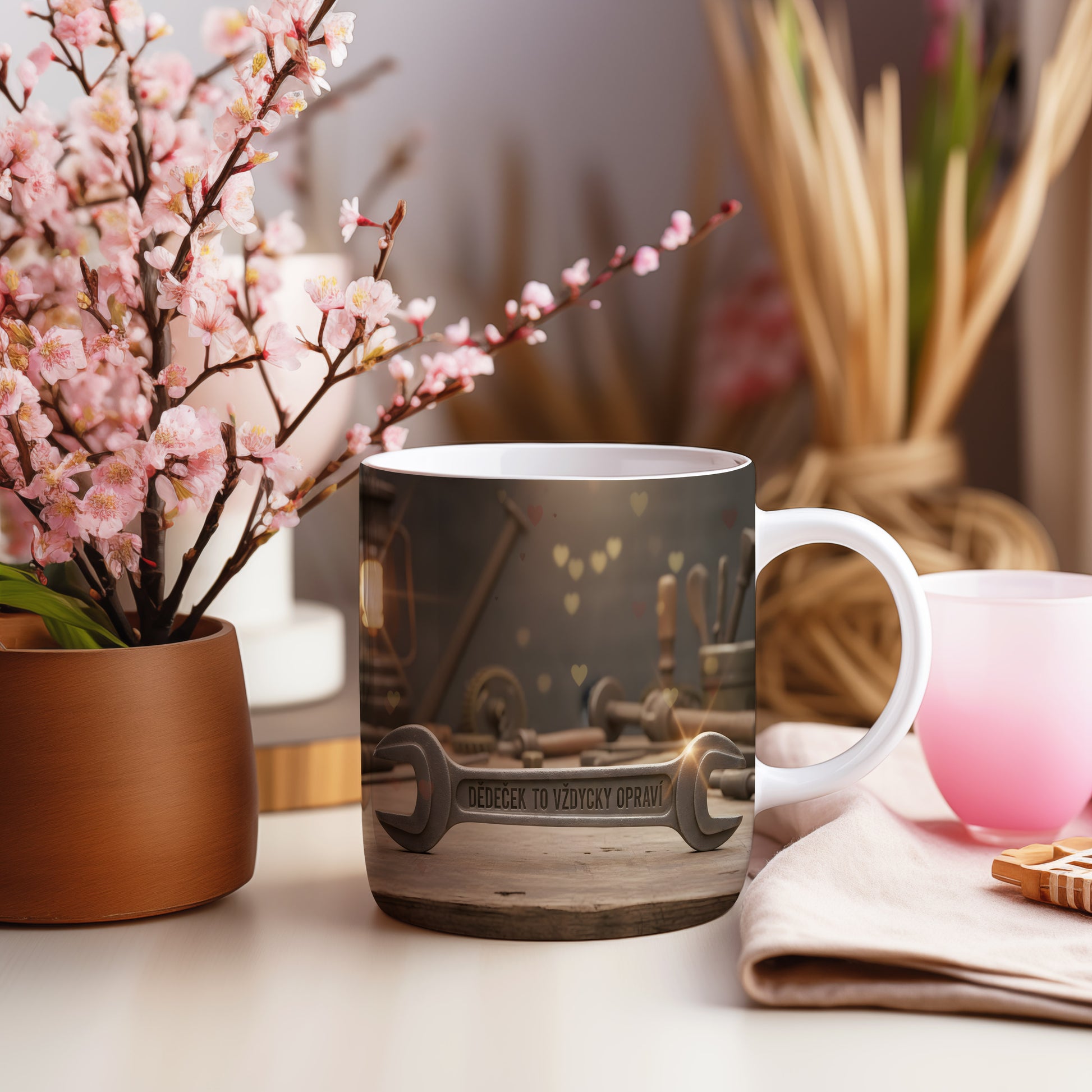 Hrnek s nápisem 'Dědeček to vždycky opraví' a rustikálním designem.
