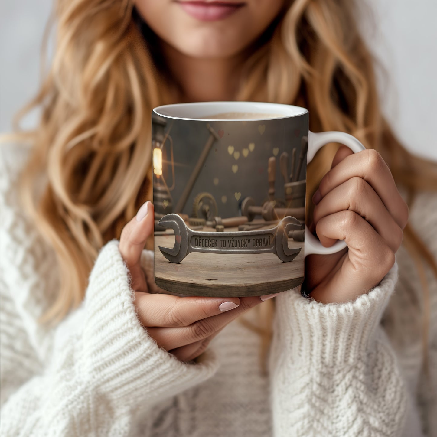 Hrnek s nápisem 'Dědeček to vždycky opraví' a rustikálním designem.