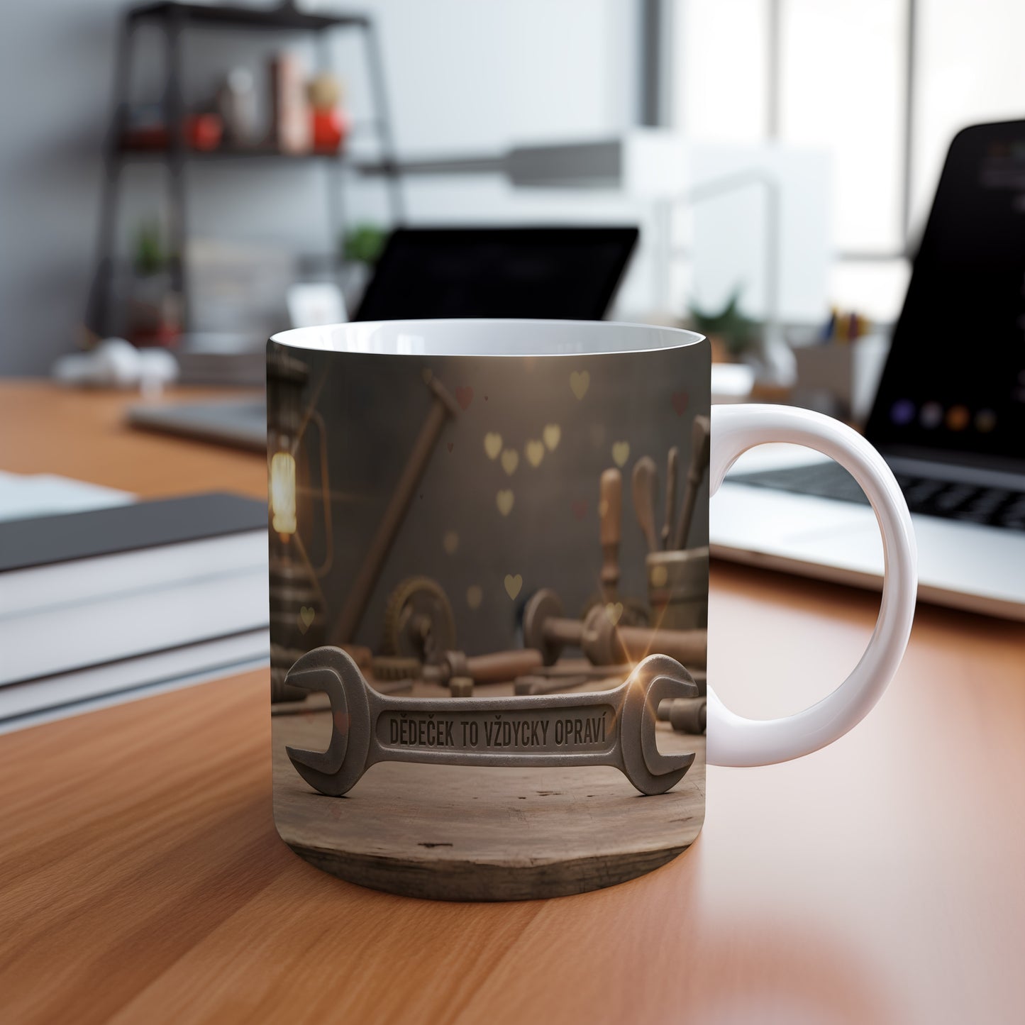 Hrnek s nápisem 'Dědeček to vždycky opraví' a rustikálním designem.