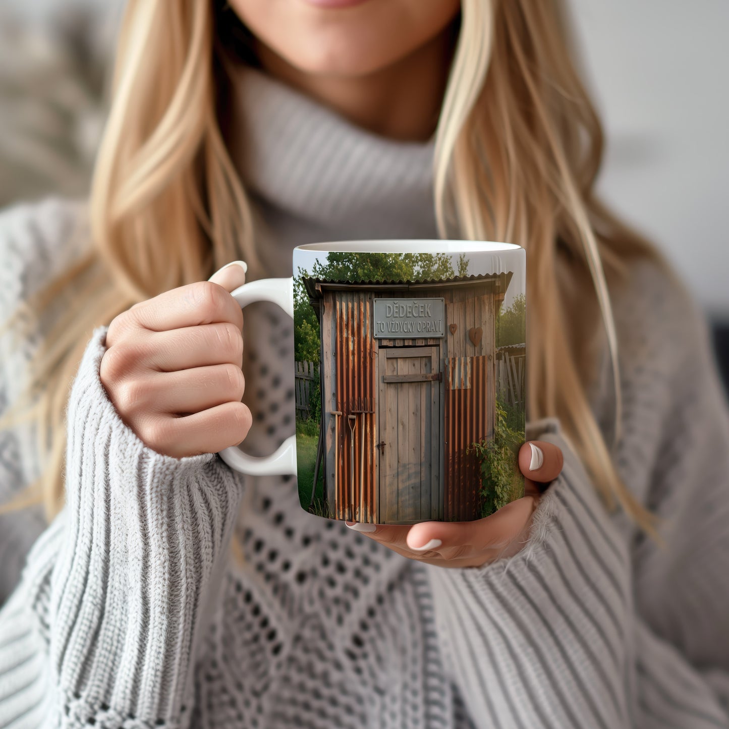 Rustikální hrnek s motivem dřevěného přístřešku a nápisem DĚDEČEK TO VŽDYCKY OPRAVÍ.