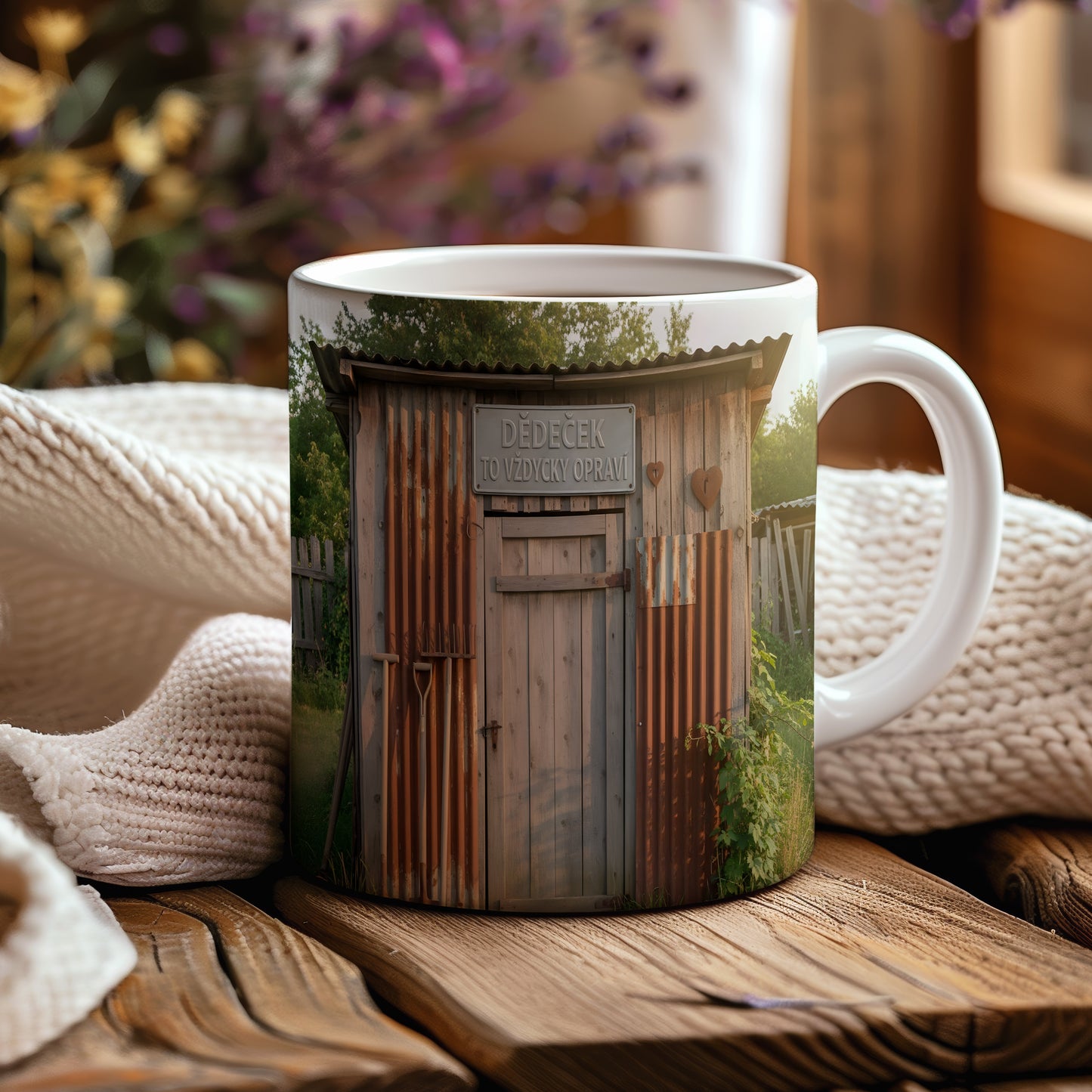 Rustikální hrnek s motivem dřevěného přístřešku a nápisem DĚDEČEK TO VŽDYCKY OPRAVÍ.