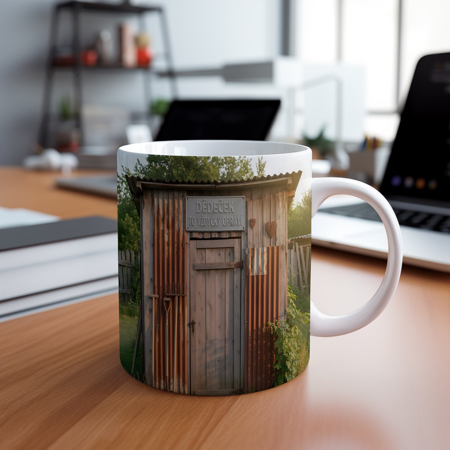 Rustikální hrnek s motivem dřevěného přístřešku a nápisem DĚDEČEK TO VŽDYCKY OPRAVÍ.