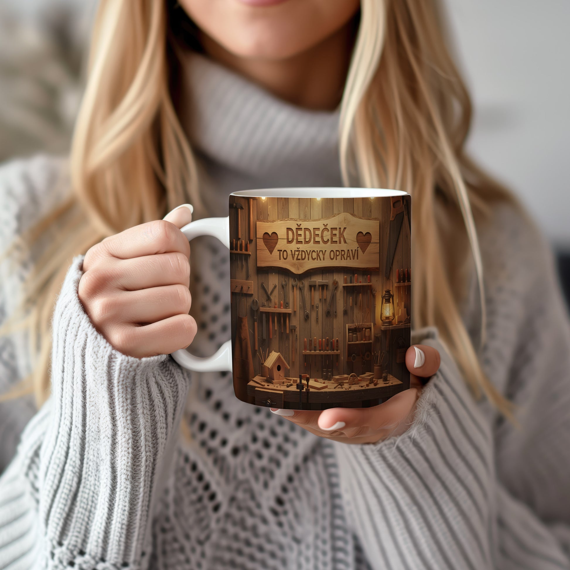 Hrnek s nápisem 'DĚDEČEK TO VŽDYCKY OPRAVÍ' a dílenským motivem.