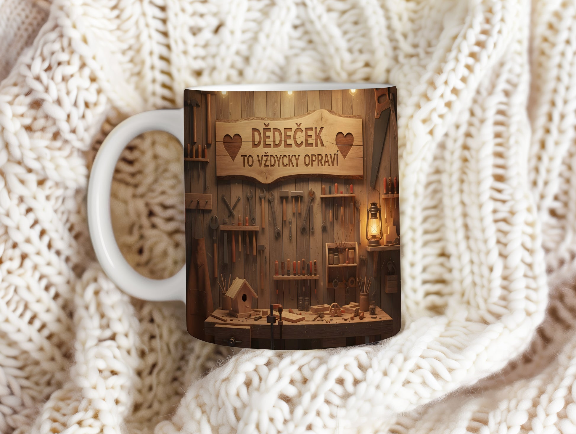 Hrnek s nápisem 'DĚDEČEK TO VŽDYCKY OPRAVÍ' a dílenským motivem.