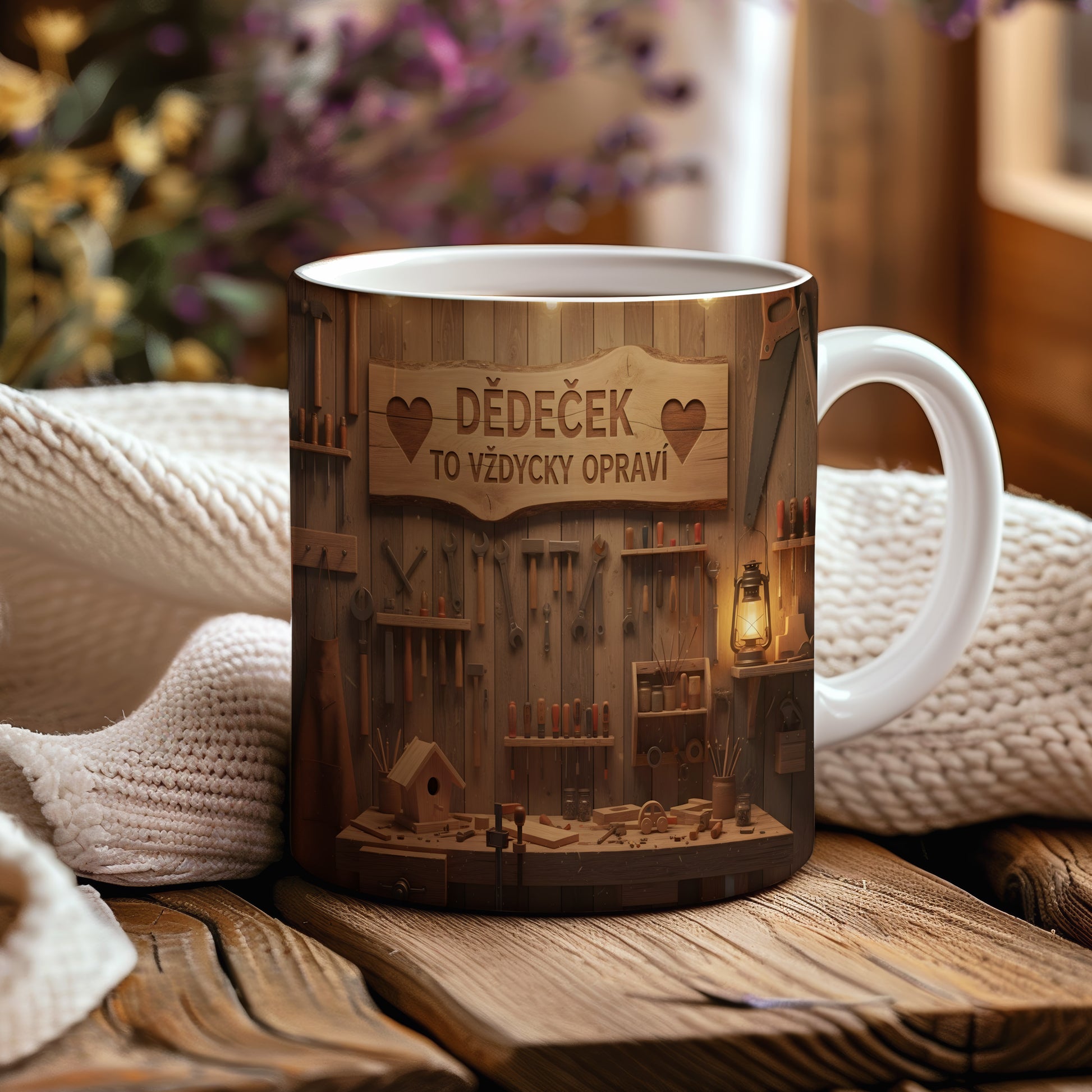 Hrnek s nápisem 'DĚDEČEK TO VŽDYCKY OPRAVÍ' a dílenským motivem.