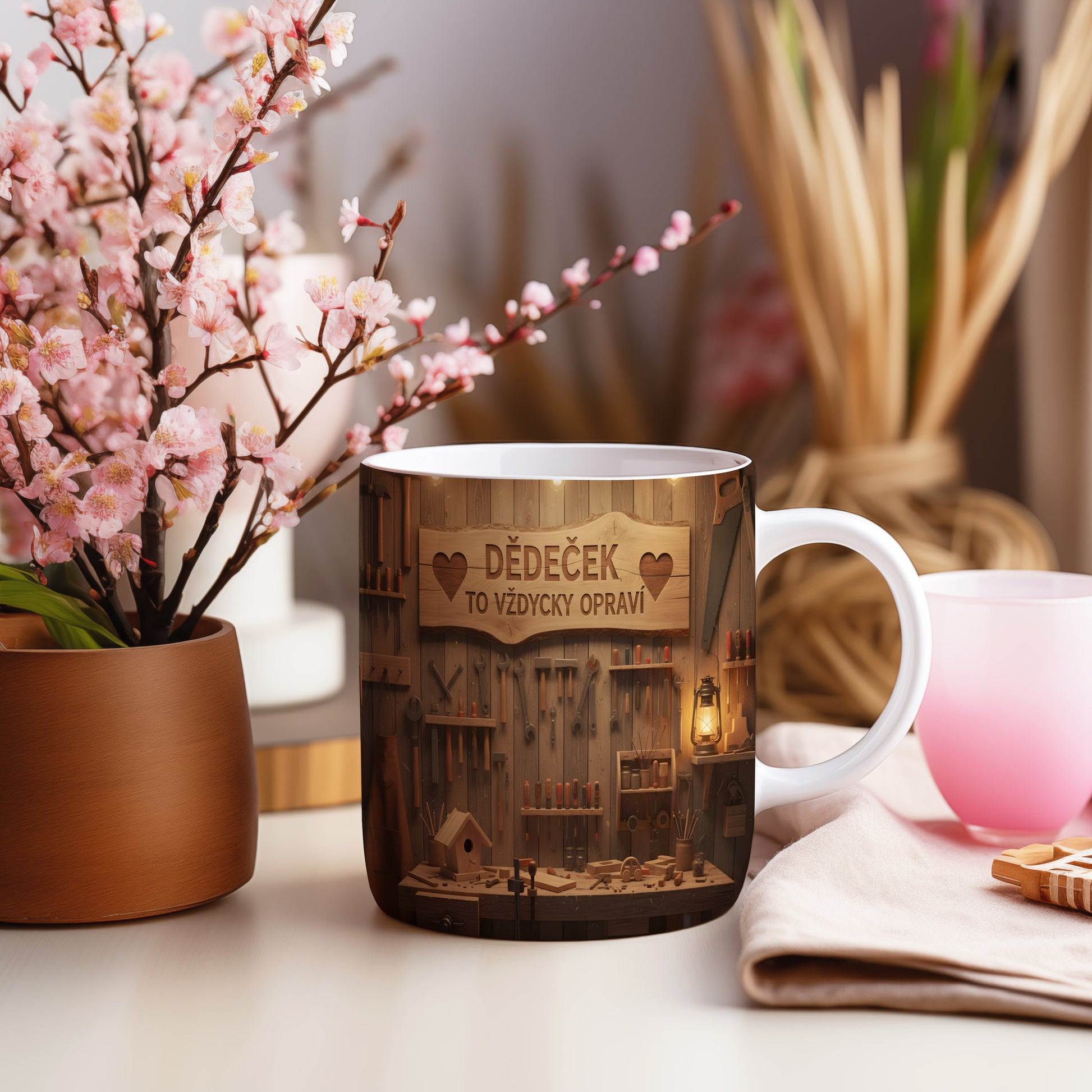 Hrnek s nápisem 'DĚDEČEK TO VŽDYCKY OPRAVÍ' a dílenským motivem.