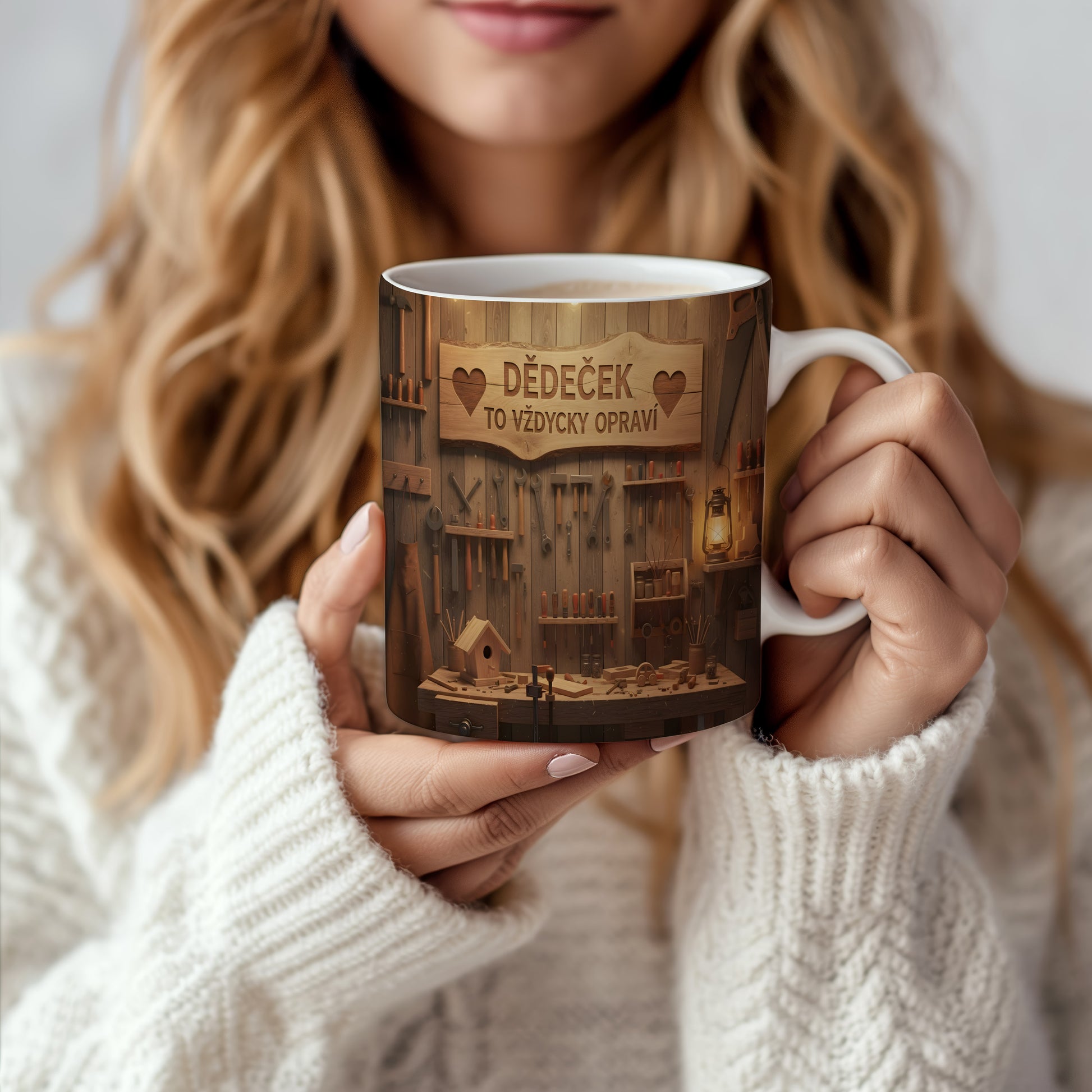 Hrnek s nápisem 'DĚDEČEK TO VŽDYCKY OPRAVÍ' a dílenským motivem.