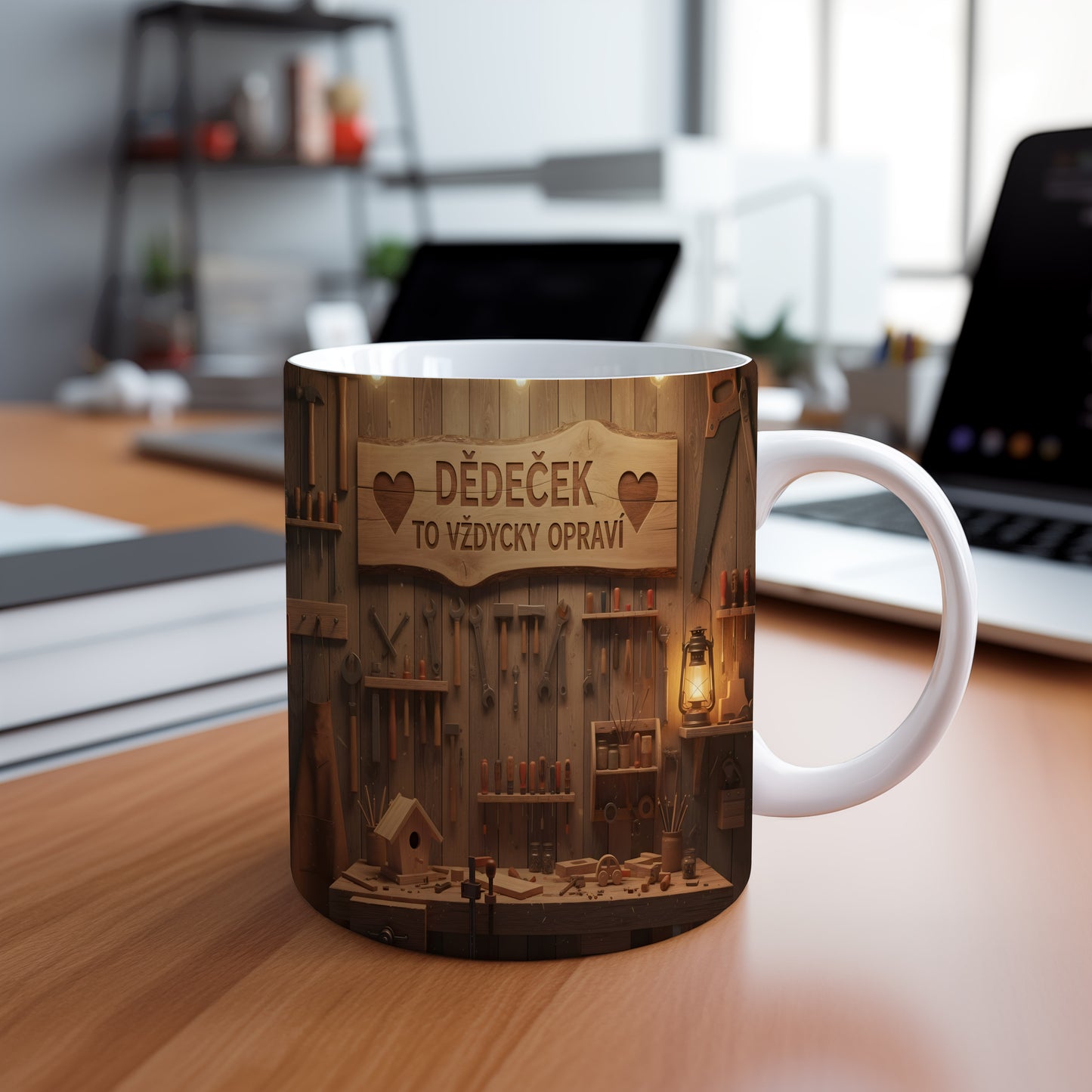 Hrnek s nápisem 'DĚDEČEK TO VŽDYCKY OPRAVÍ' a dílenským motivem.