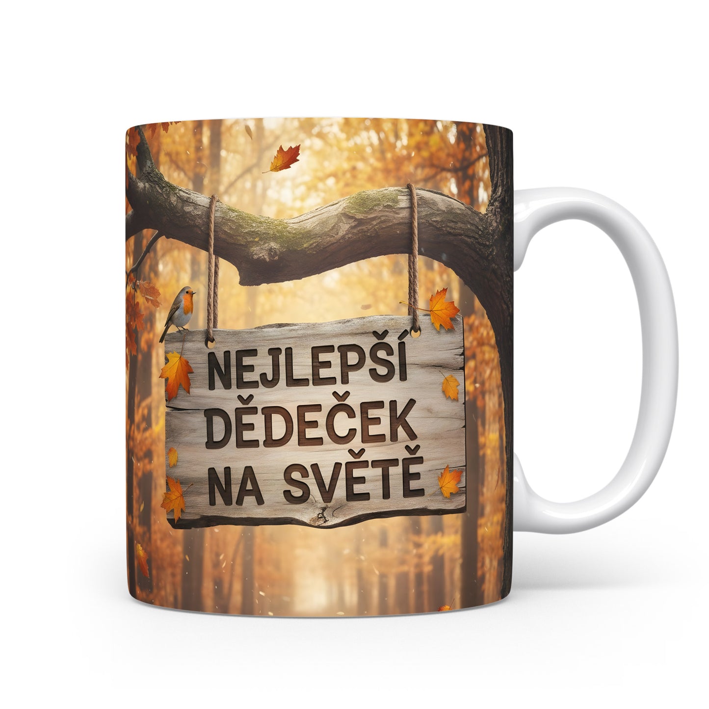 Hrnek s podzimním motivem a nápisem 'Nejlepší dědeček na světě'.