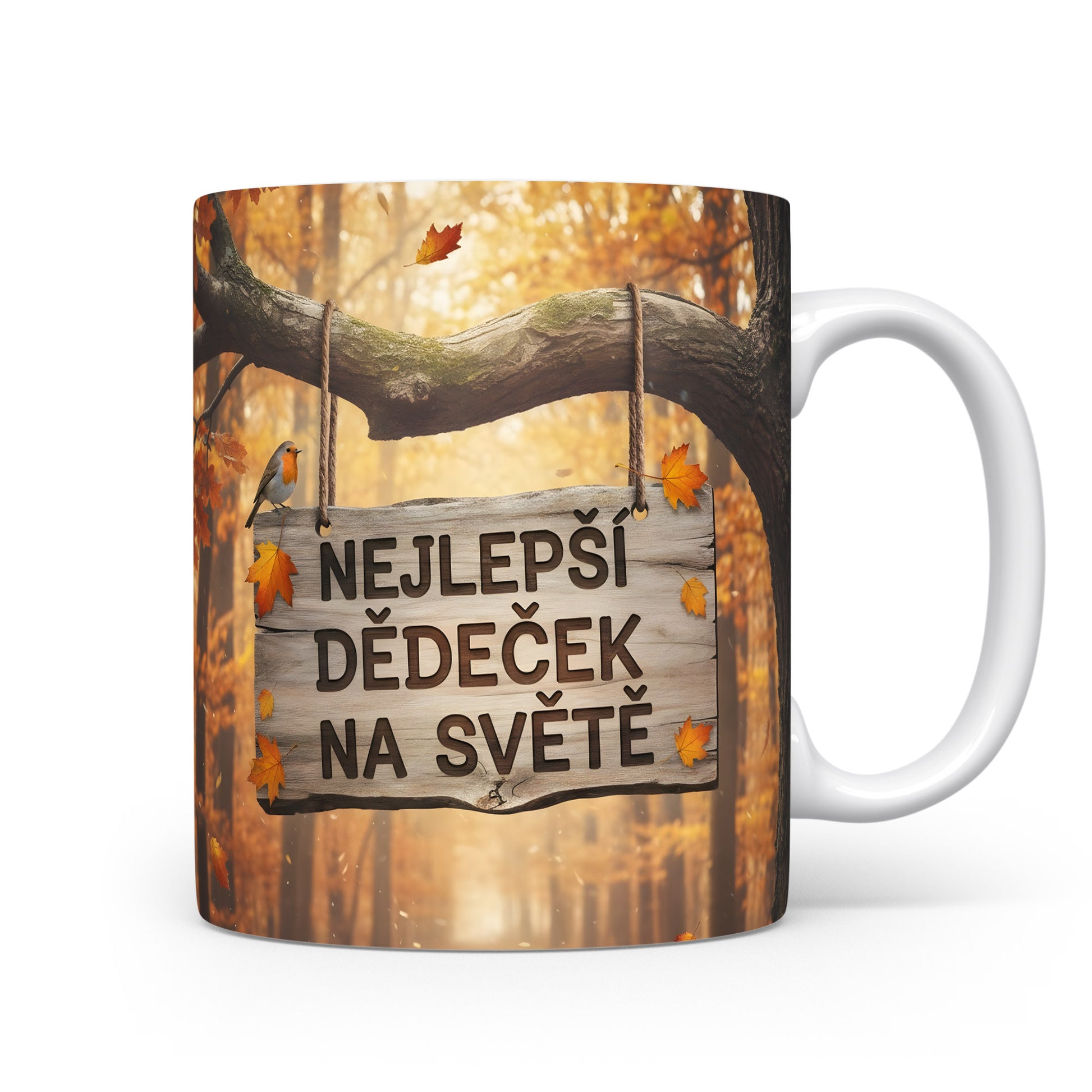 Hrnek s podzimním motivem a nápisem 'Nejlepší dědeček na světě'.