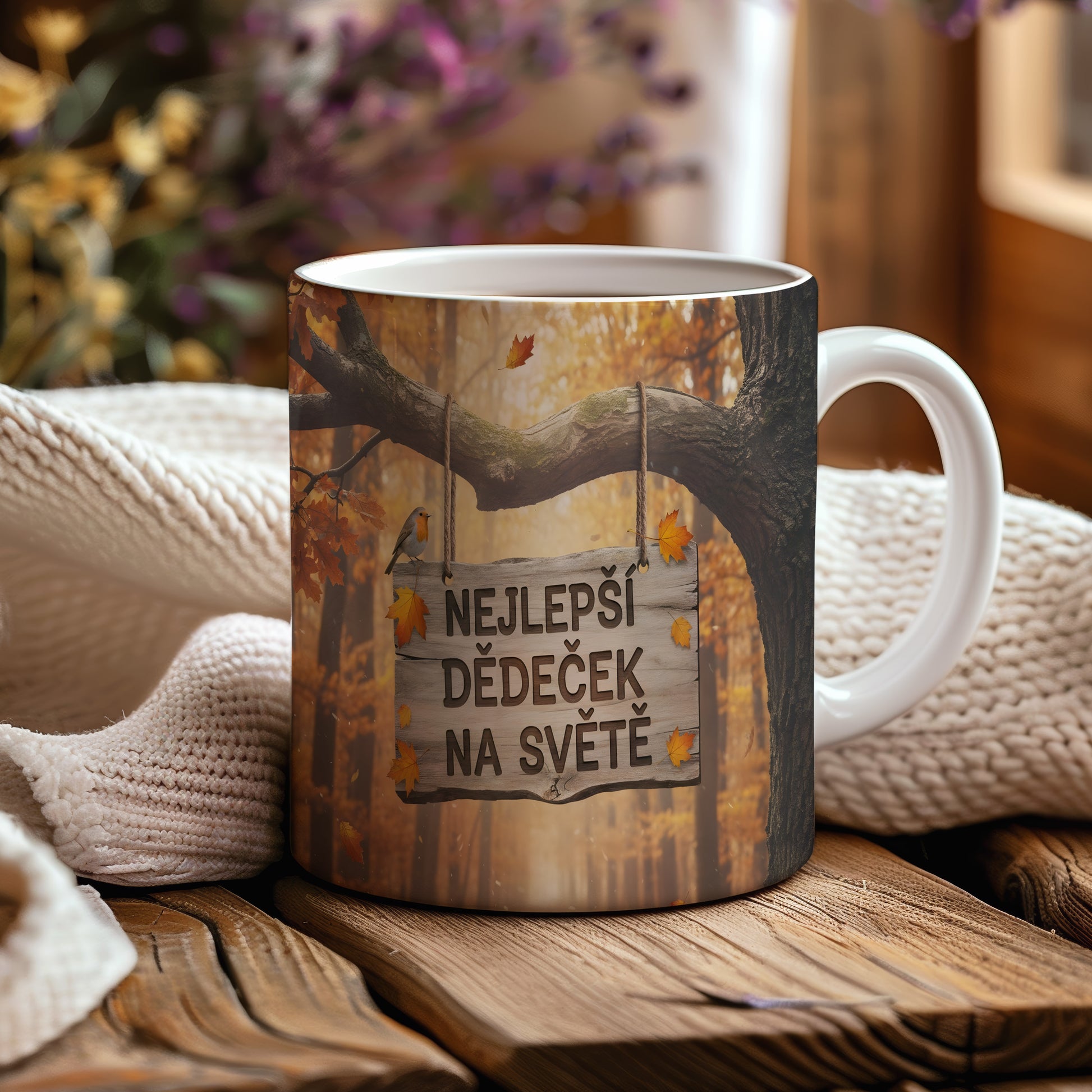 Hrnek s podzimním motivem a nápisem 'Nejlepší dědeček na světě'.