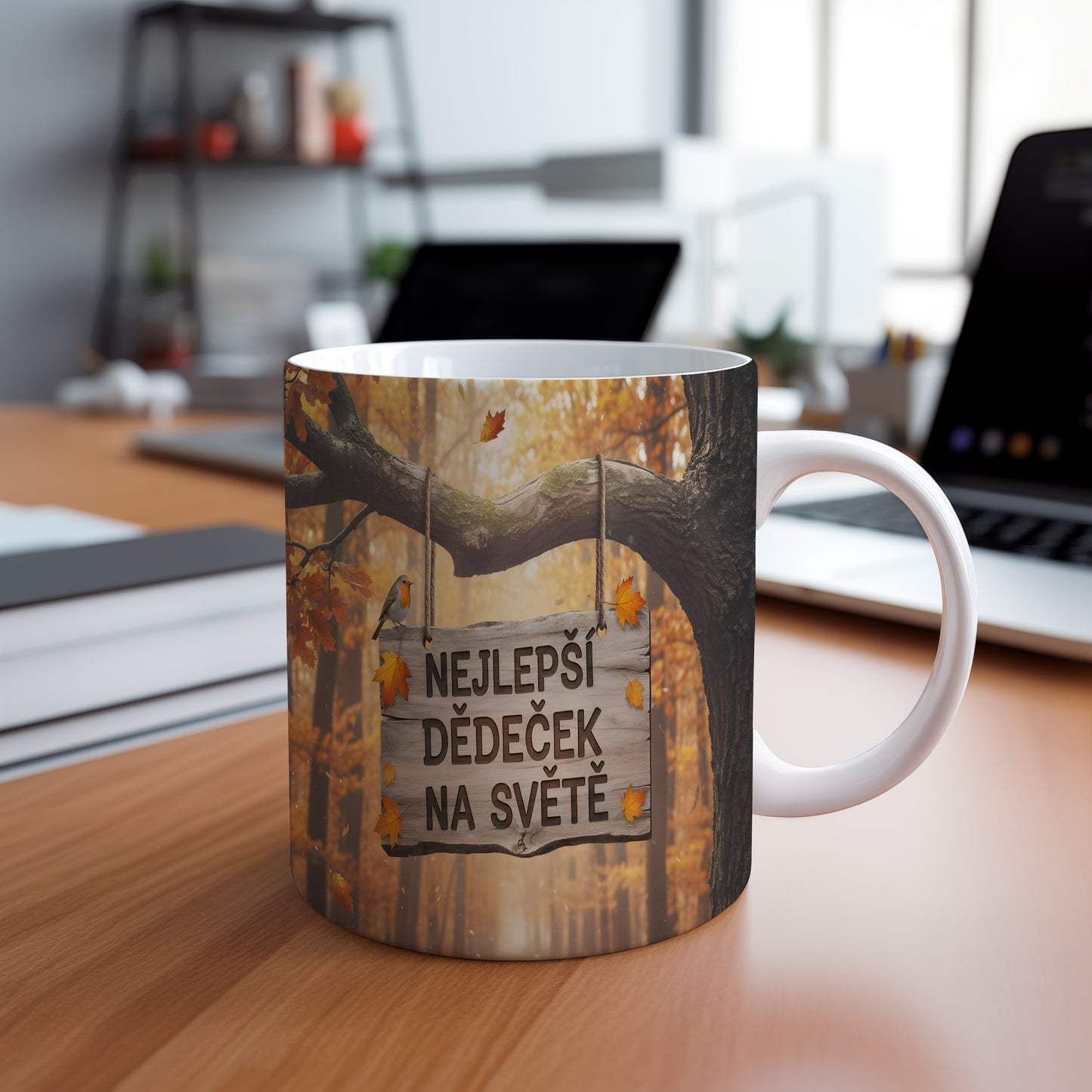 Hrnek s podzimním motivem a nápisem 'Nejlepší dědeček na světě'.